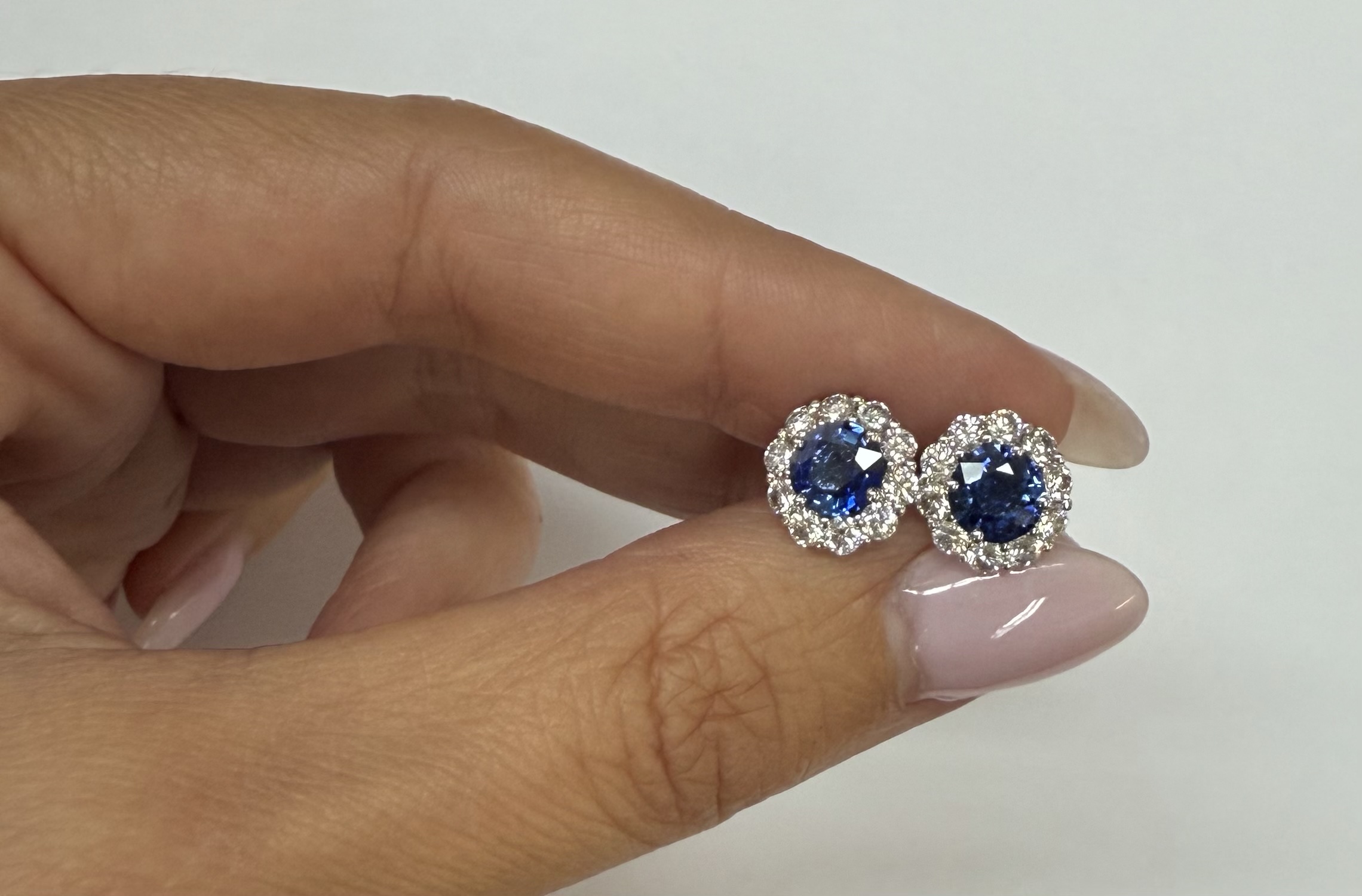14k White Gold Genuine 1.91 Cttw Sapphire & 1.14 Cttw Genuine Round Brilliant Cut Diamond Cluster Stud Earrings - Image 14