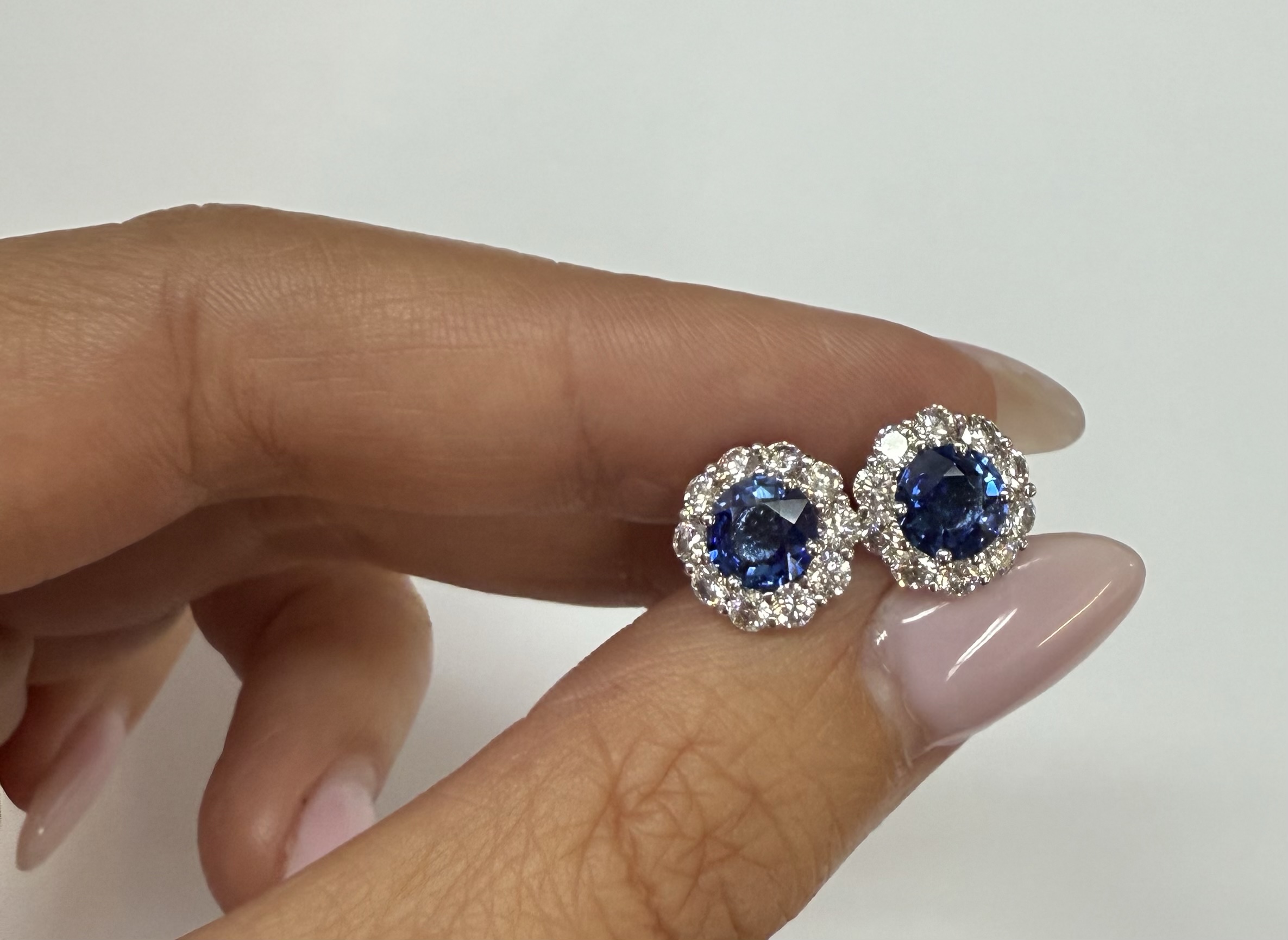 14k White Gold Genuine 1.91 Cttw Sapphire & 1.14 Cttw Genuine Round Brilliant Cut Diamond Cluster Stud Earrings - Image 17