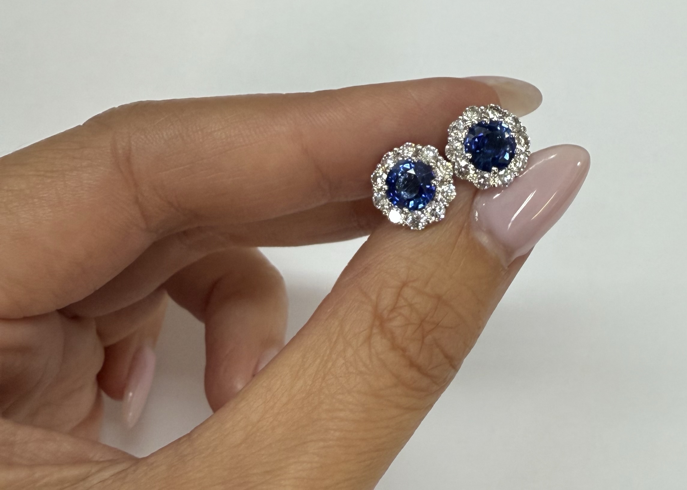 14k White Gold Genuine 1.91 Cttw Sapphire & 1.14 Cttw Genuine Round Brilliant Cut Diamond Cluster Stud Earrings - Image 18