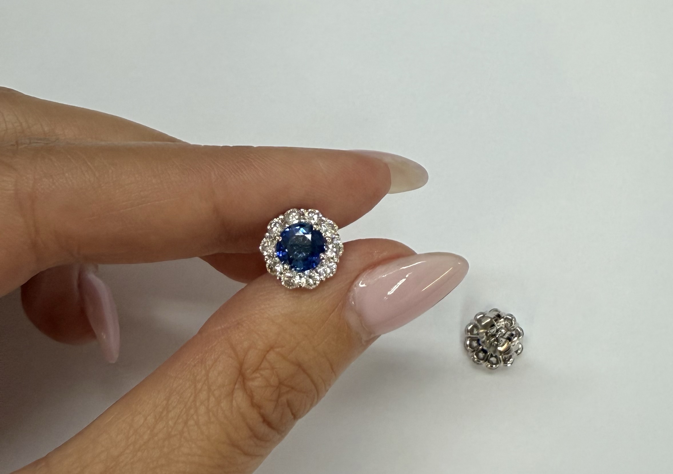 14k White Gold Genuine 1.91 Cttw Sapphire & 1.14 Cttw Genuine Round Brilliant Cut Diamond Cluster Stud Earrings - Image 20