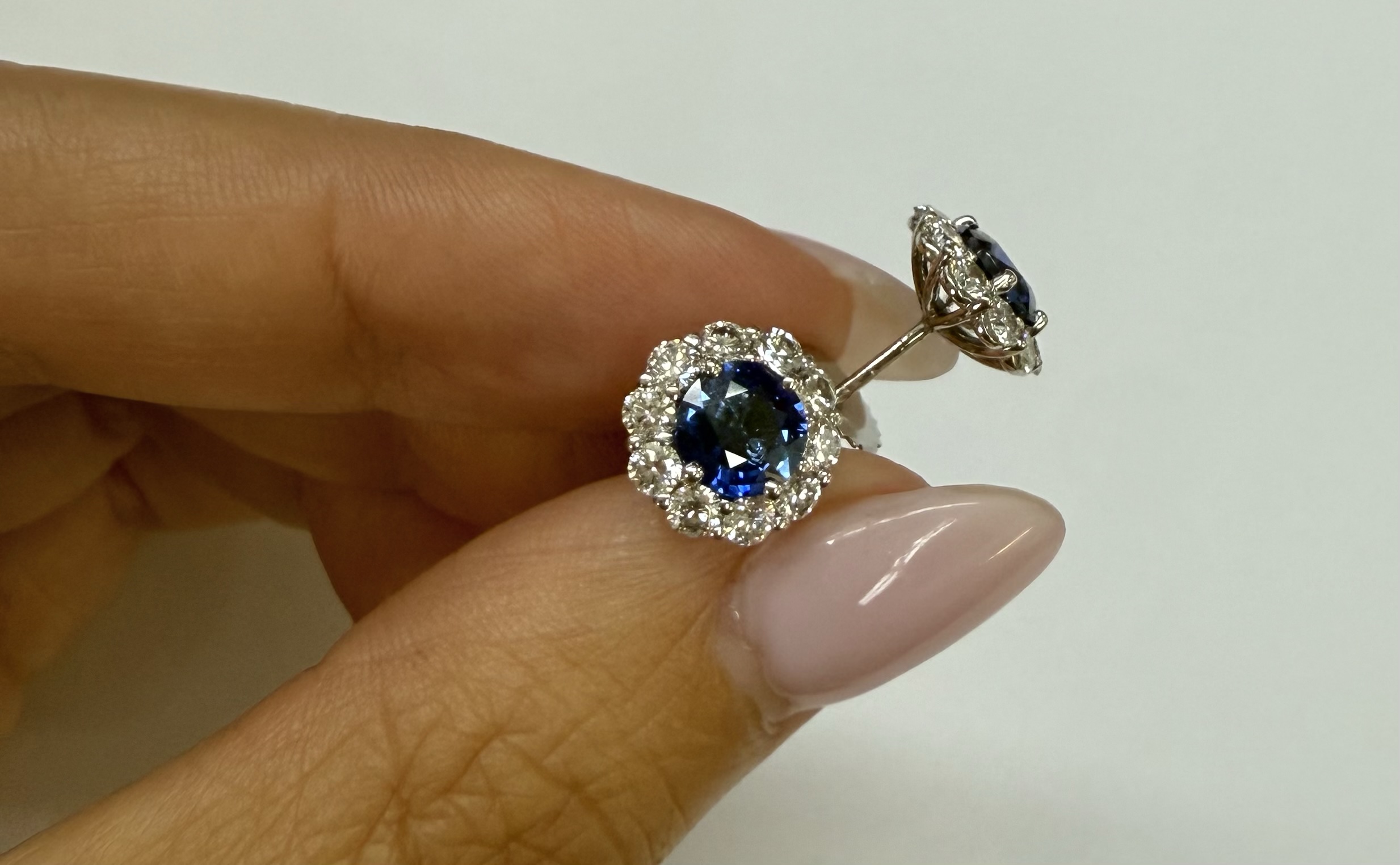 14k White Gold Genuine 1.91 Cttw Sapphire & 1.14 Cttw Genuine Round Brilliant Cut Diamond Cluster Stud Earrings - Image 30