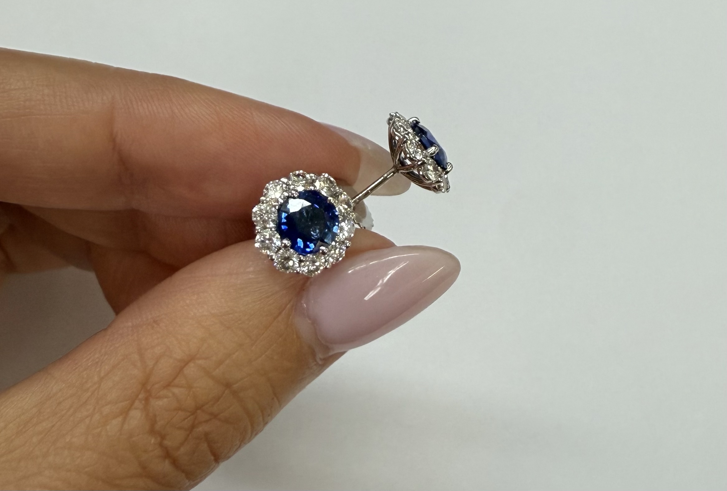 14k White Gold Genuine 1.91 Cttw Sapphire & 1.14 Cttw Genuine Round Brilliant Cut Diamond Cluster Stud Earrings - Image 33