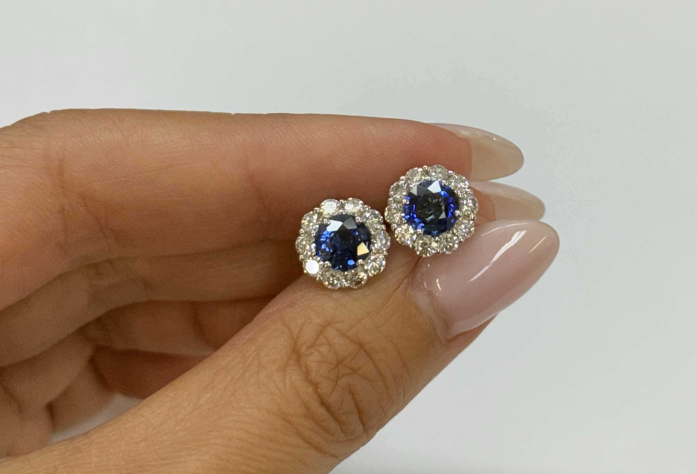 14k White Gold Genuine 1.91 Cttw Sapphire & 1.14 Cttw Genuine Round Brilliant Cut Diamond Cluster Stud Earrings - Image 34