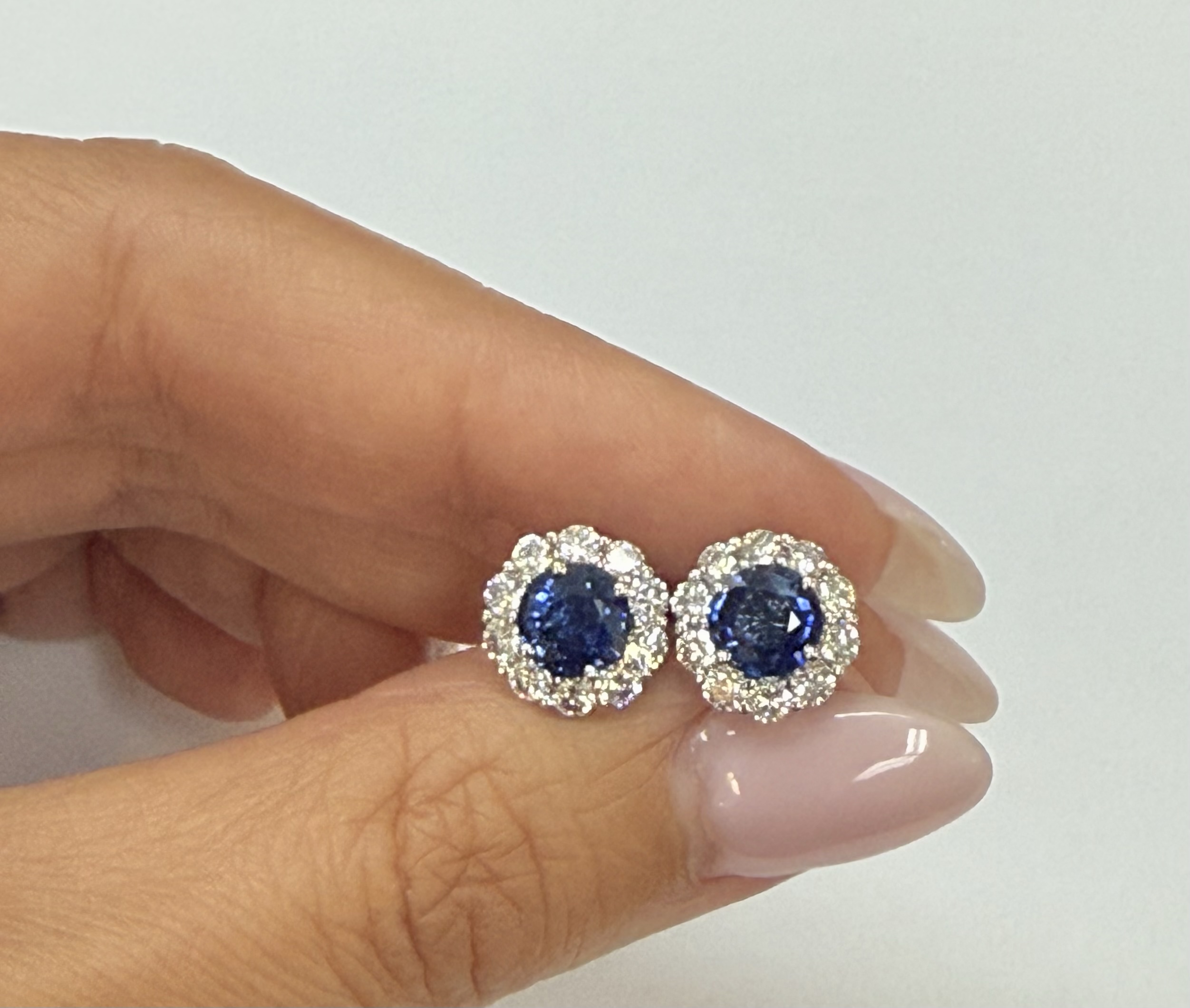 14k White Gold Genuine 1.91 Cttw Sapphire & 1.14 Cttw Genuine Round Brilliant Cut Diamond Cluster Stud Earrings - Image 37