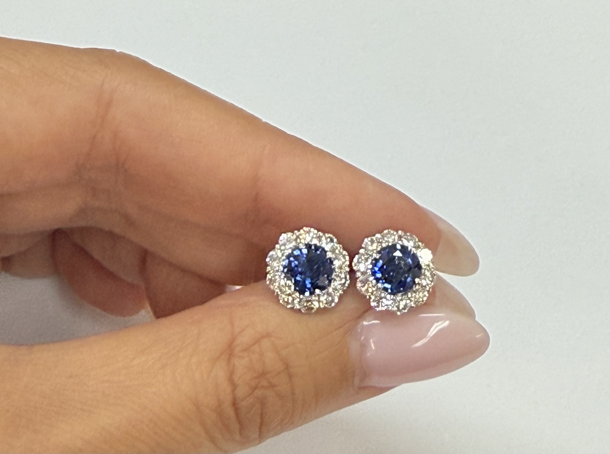 14k White Gold Genuine 1.91 Cttw Sapphire & 1.14 Cttw Genuine Round Brilliant Cut Diamond Cluster Stud Earrings - Image 39