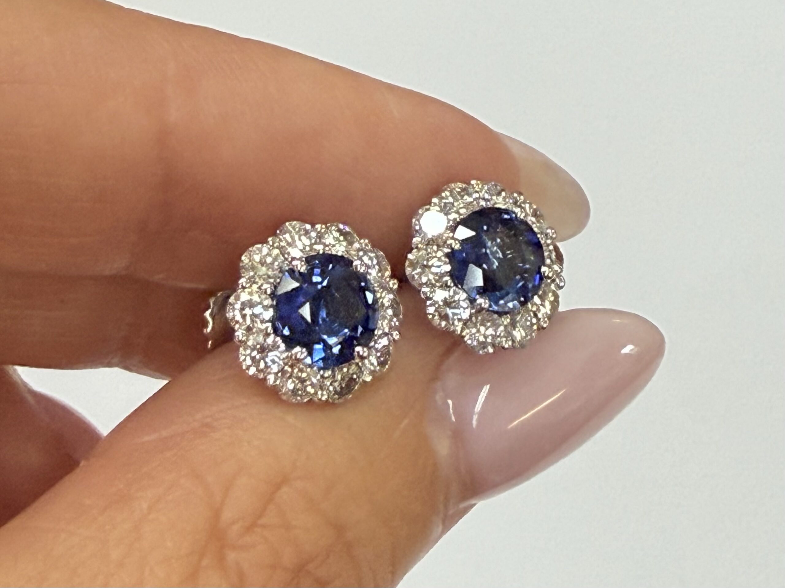 14k White Gold Genuine 1.91 Cttw Sapphire & 1.14 Cttw Genuine Round Brilliant Cut Diamond Cluster Stud Earrings - Image 41