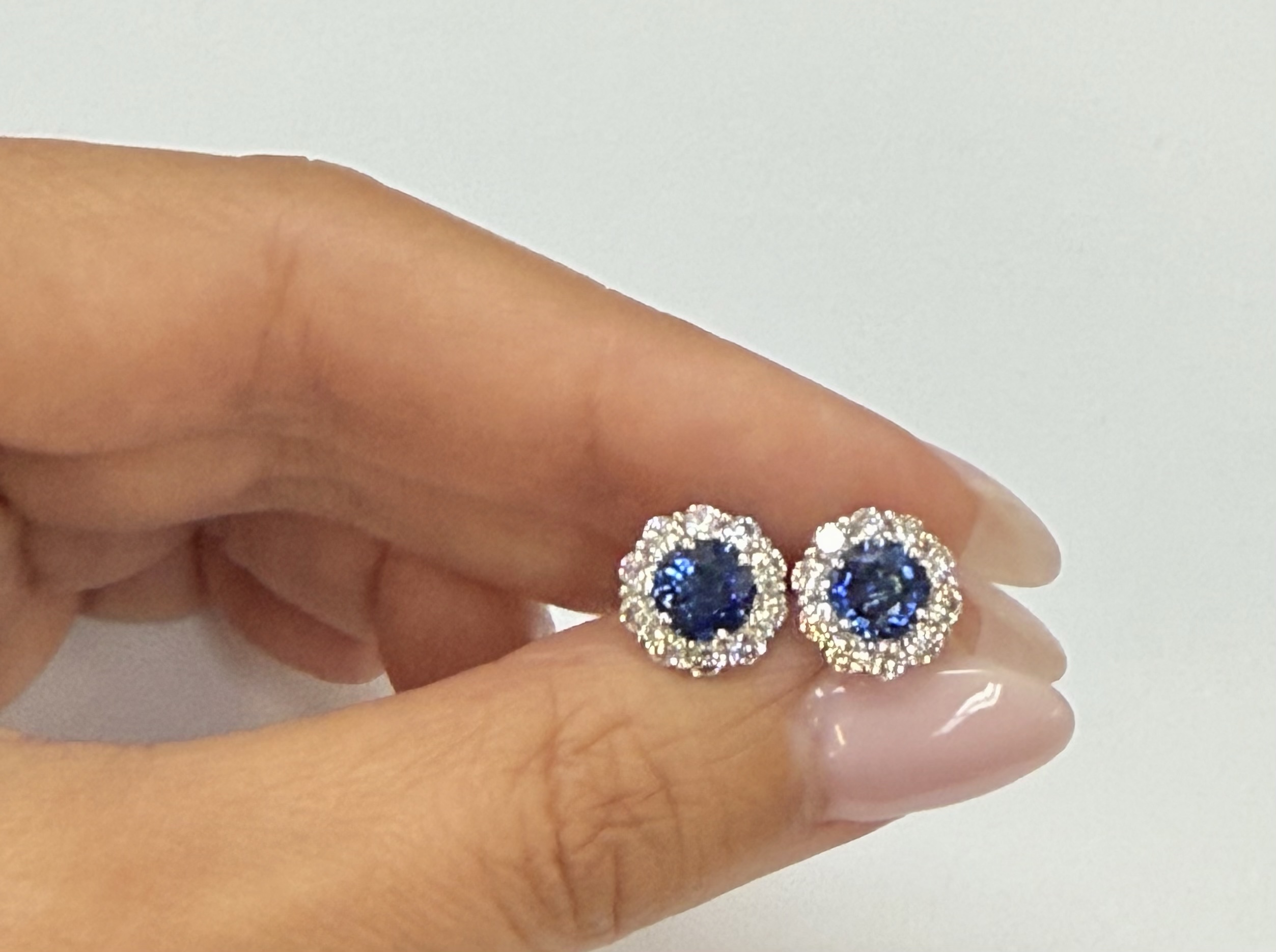 14k White Gold Genuine 1.91 Cttw Sapphire & 1.14 Cttw Genuine Round Brilliant Cut Diamond Cluster Stud Earrings - Image 42