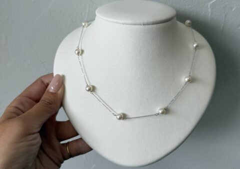 14k White Gold 6-6.4 MM Cultured Akoya Pearl "Tin Cup" Necklace