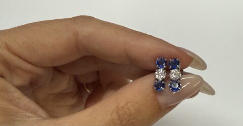 18k White Gold Genuine 1.35 Cttw Sapphire & Laboratory Grown Round Brilliant Cut Diamond Bar Stud Earrings