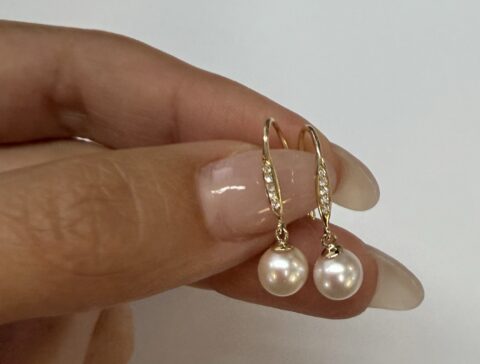 14k Yellow Gold 6.5 MM Cultured Pearl & Diamond Dangle Earrings