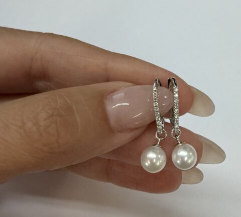 14k White Gold 6.7 MM Cultured Pearl & Genuine Diamond Hoop Earrings