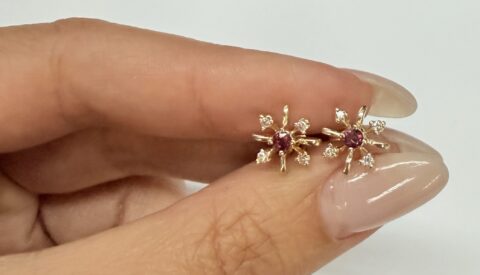 Vintage 14k Yellow Gold Genuine Ruby & Diamond Starburst Stud Earrings