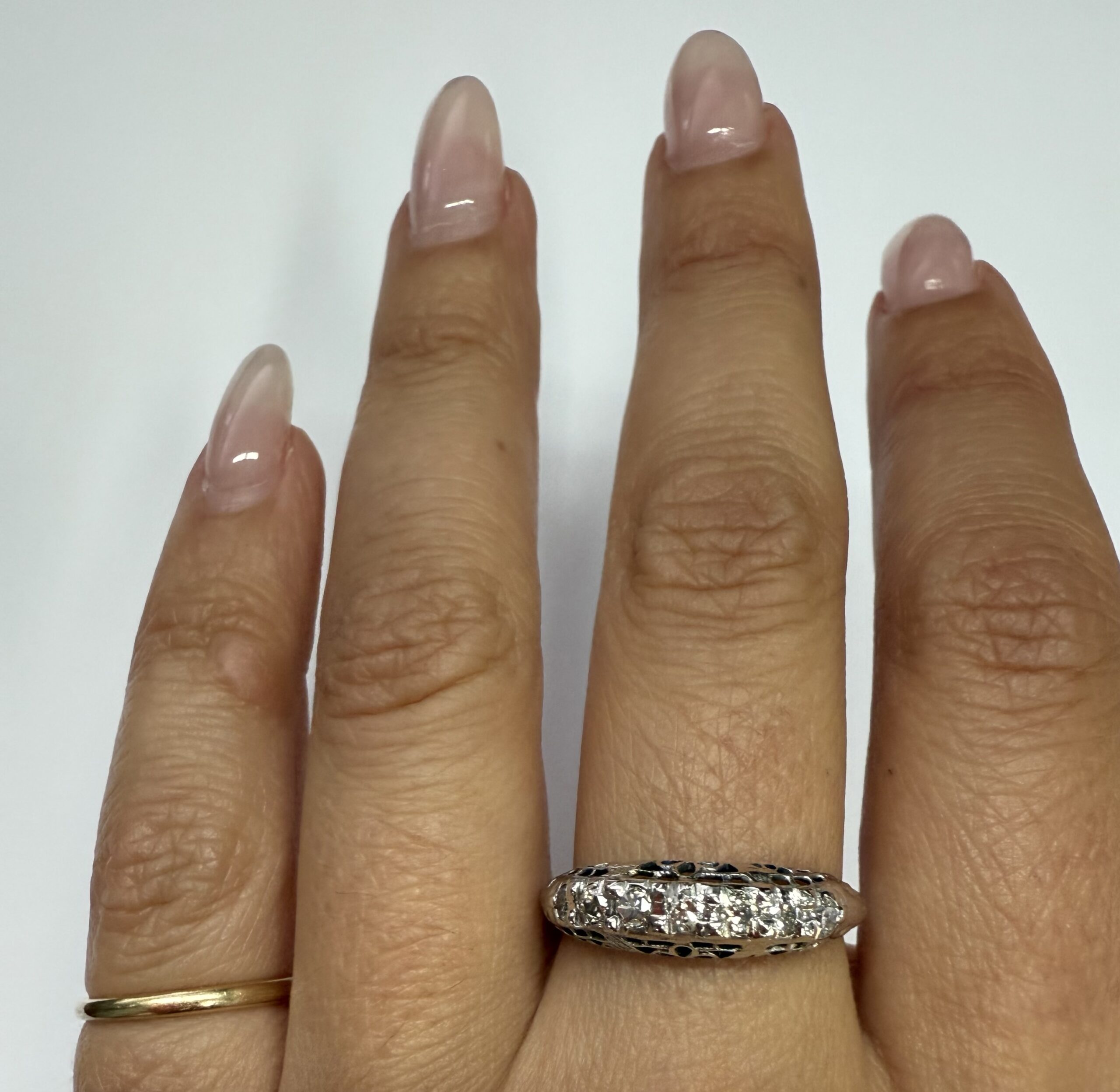 Vintage 14k White Gold Genuine Diamond 7 Stone Filigree Band - Image 18