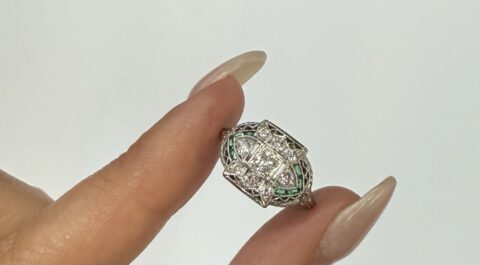 Antique Filigree 14k White Gold Genuine Diamond & Emerald Ring