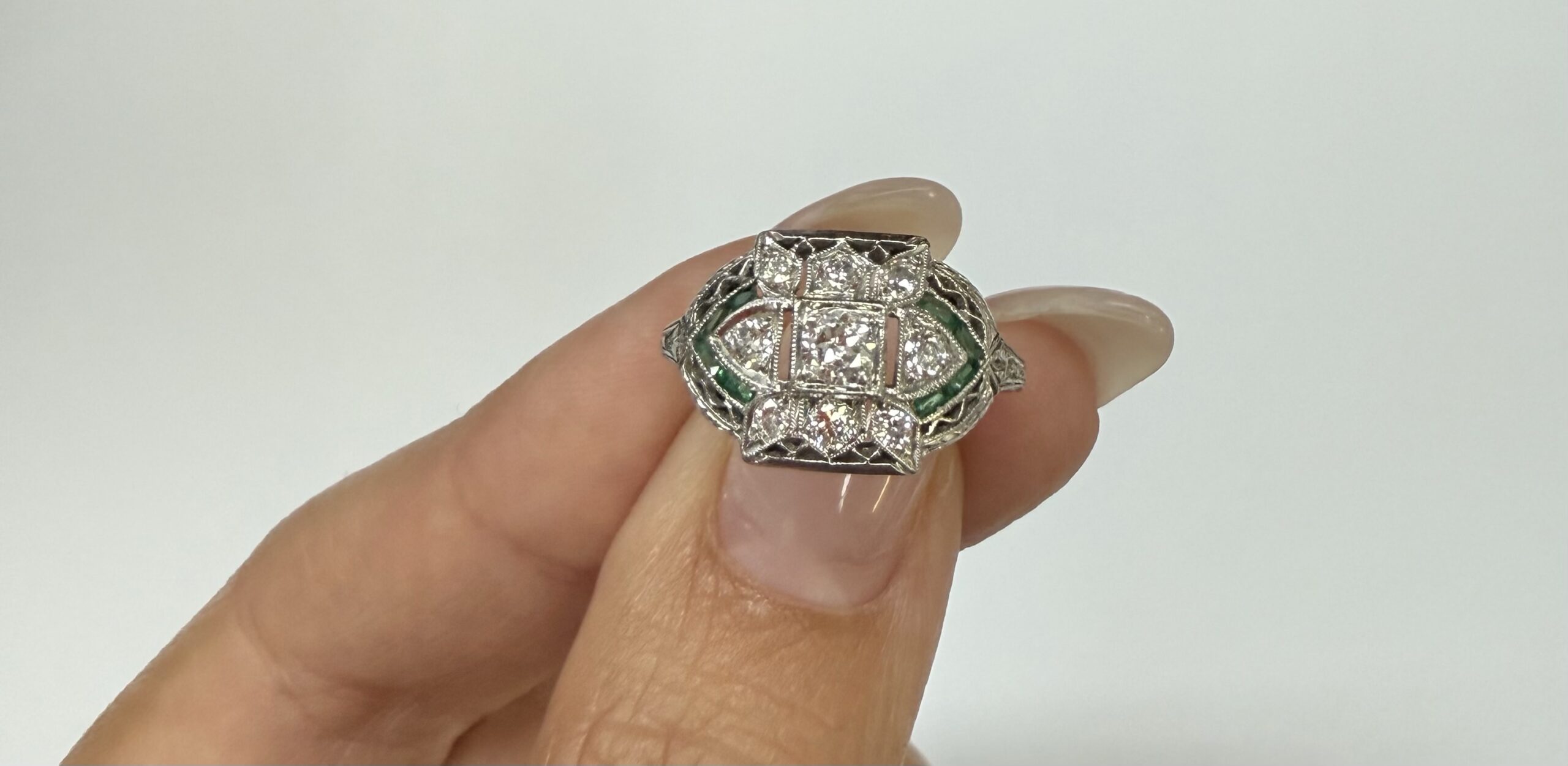 Antique Filigree 14k White Gold Genuine Diamond & Emerald Ring - Image 8