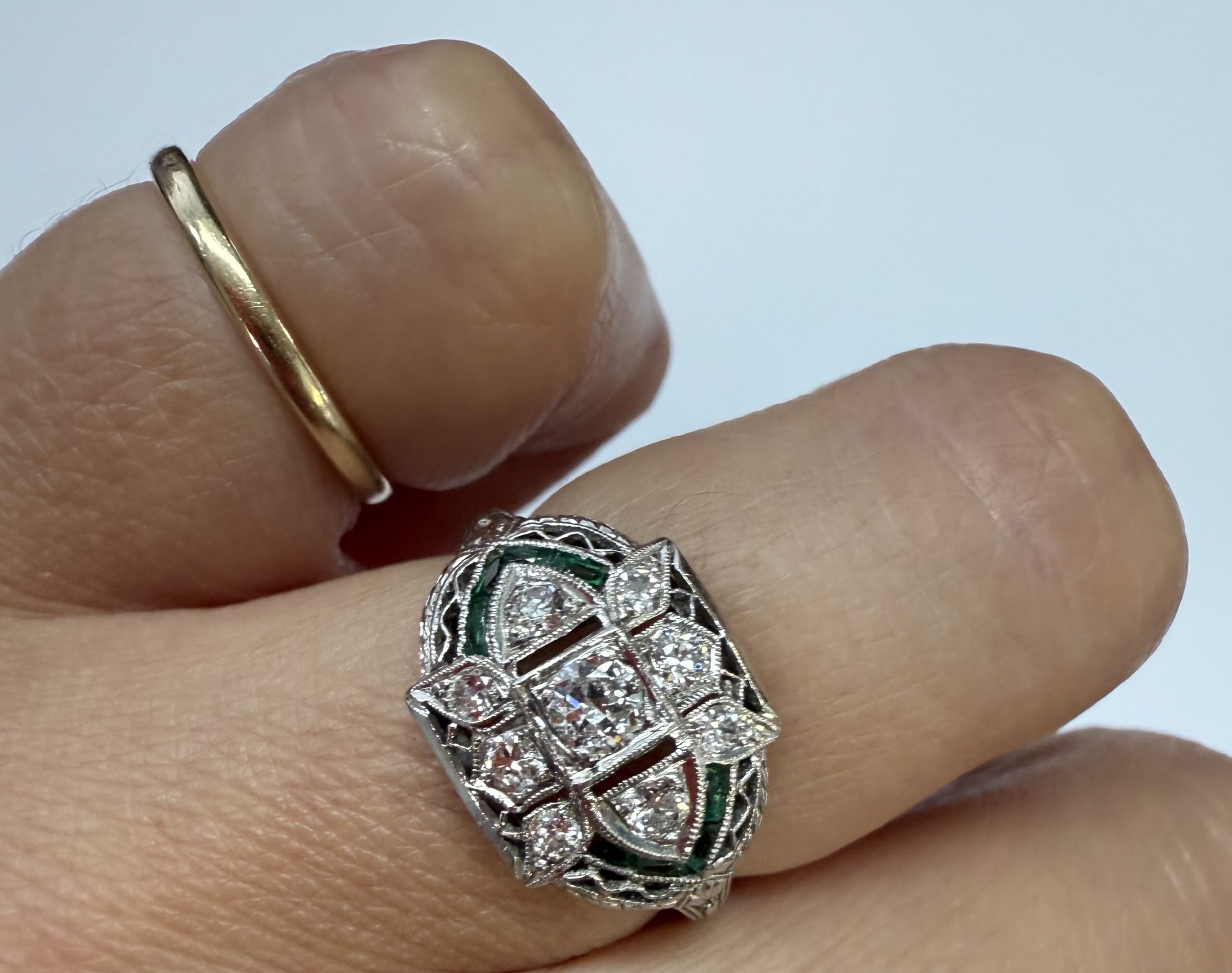 Antique Filigree 14k White Gold Genuine Diamond & Emerald Ring - Image 15