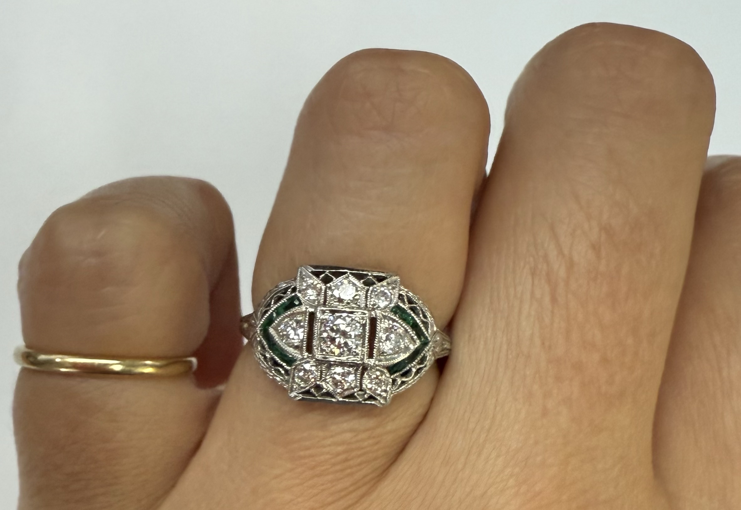 Antique Filigree 14k White Gold Genuine Diamond & Emerald Ring - Image 16