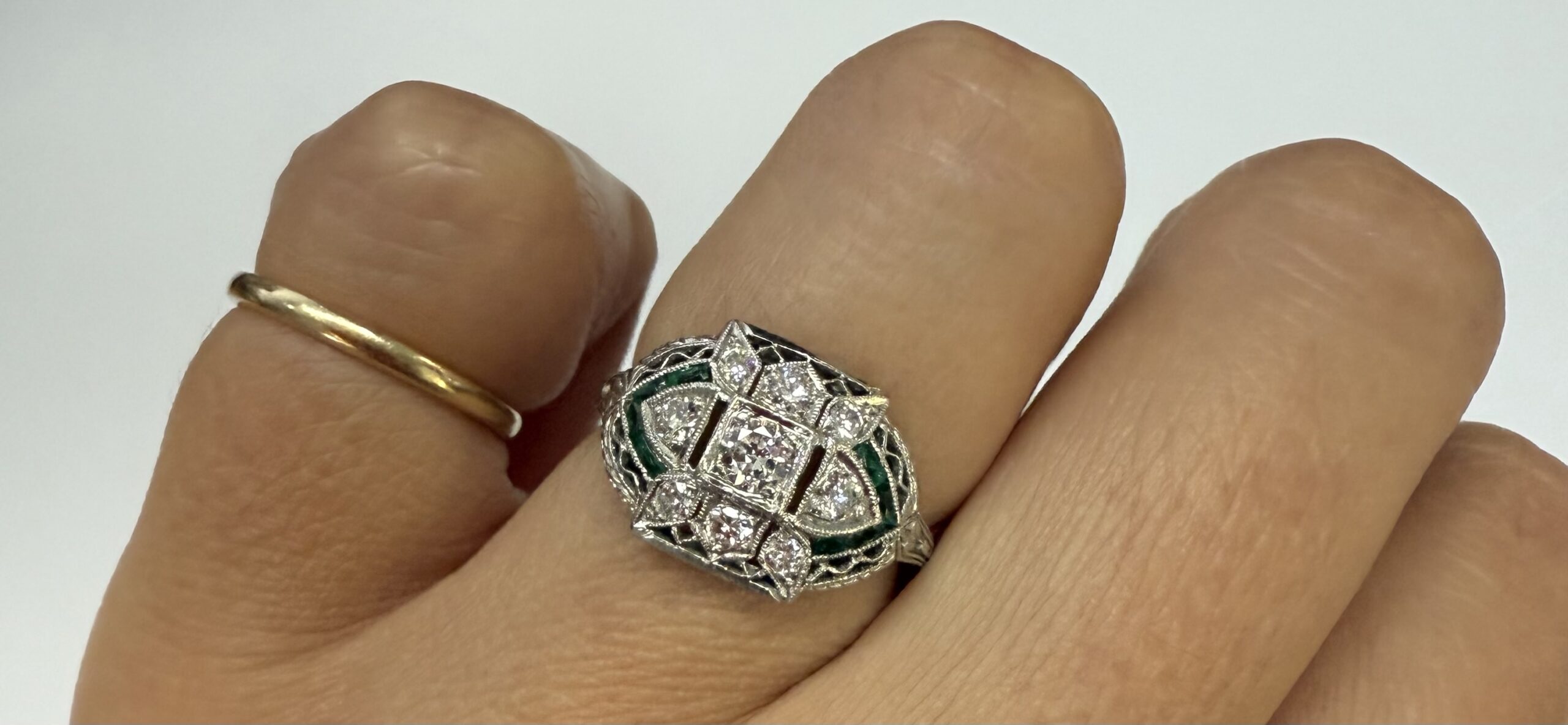 Antique Filigree 14k White Gold Genuine Diamond & Emerald Ring - Image 25