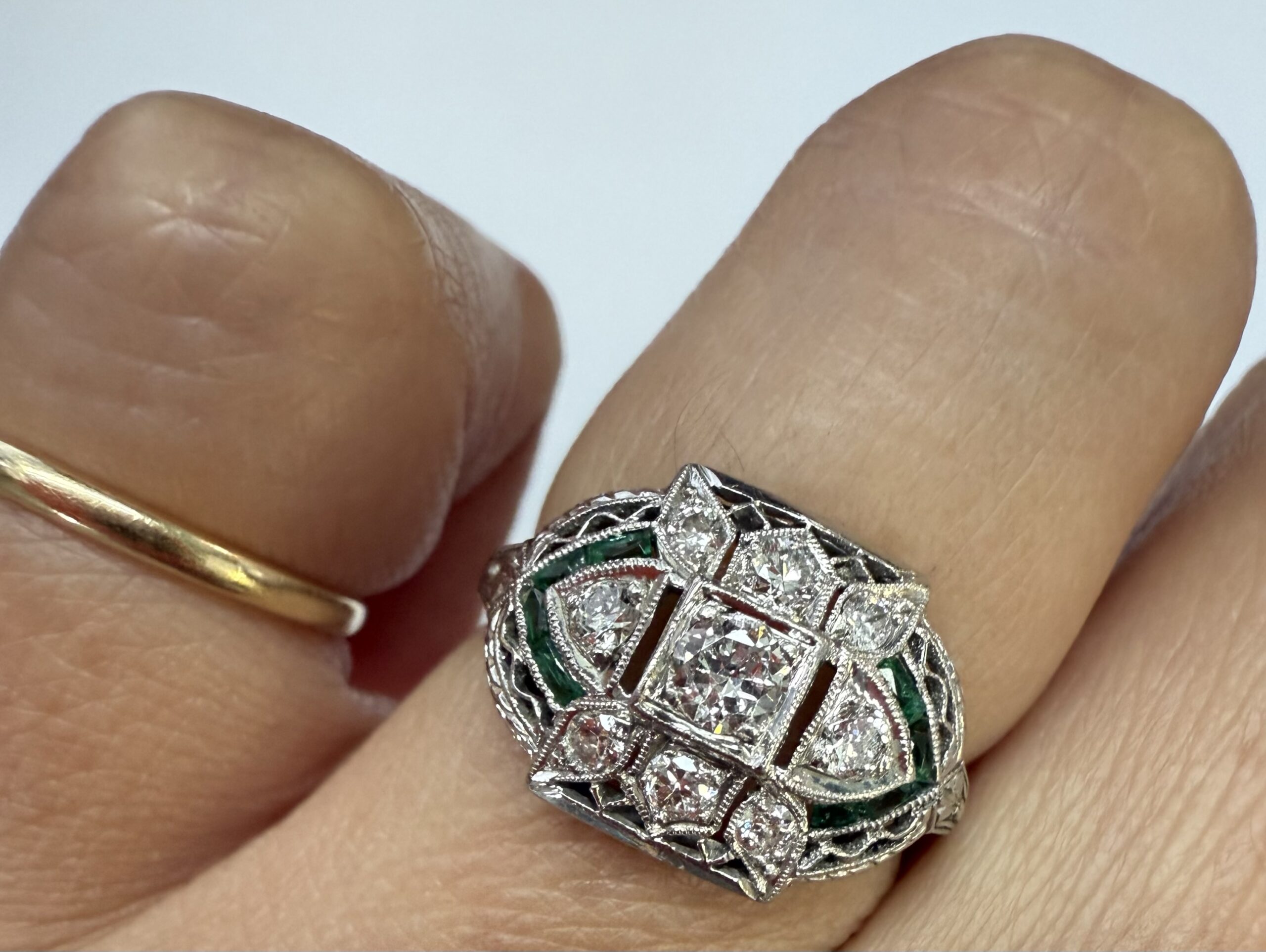 Antique Filigree 14k White Gold Genuine Diamond & Emerald Ring - Image 26