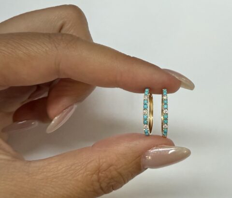 14k Yellow Gold Genuine .23 Cttw Turquoise & .09 Cttw Round Brilliant Cut Diamond Hoop Earrings