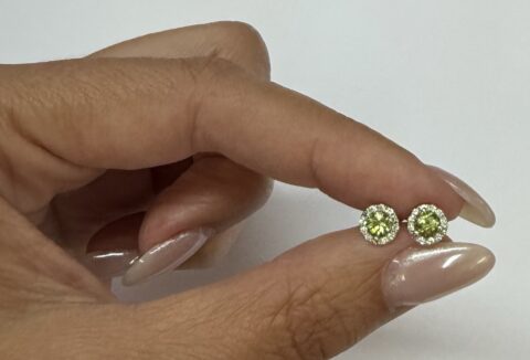 14k White Gold Genuine .60 Cttw Peridot & Diamond Halo Stud Earrings