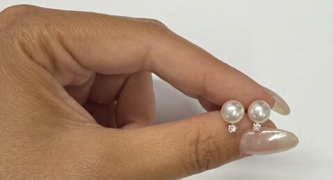 14k Yellow Gold Genuine 7 MM Cultured Saltwater Pearl & Diamond Stud Earrings