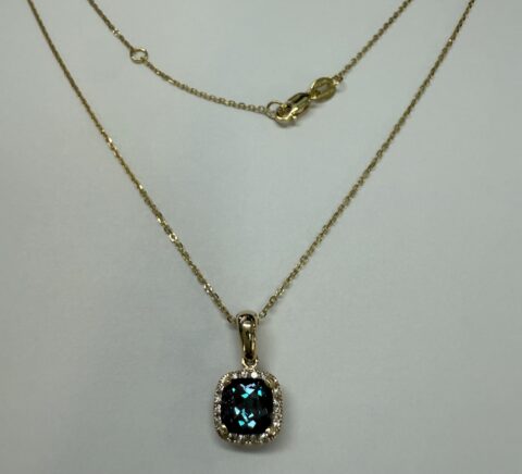 14k Yellow Gold Genuine 1.30 Cttw Laboratory Grown Alexandrite & Genuine Round Brilliant Cut Diamond Halo Pendant