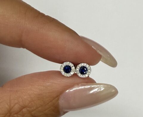 14k White Gold Genuine .15 Cttw Sapphire & Diamond Halo Stud Earrings