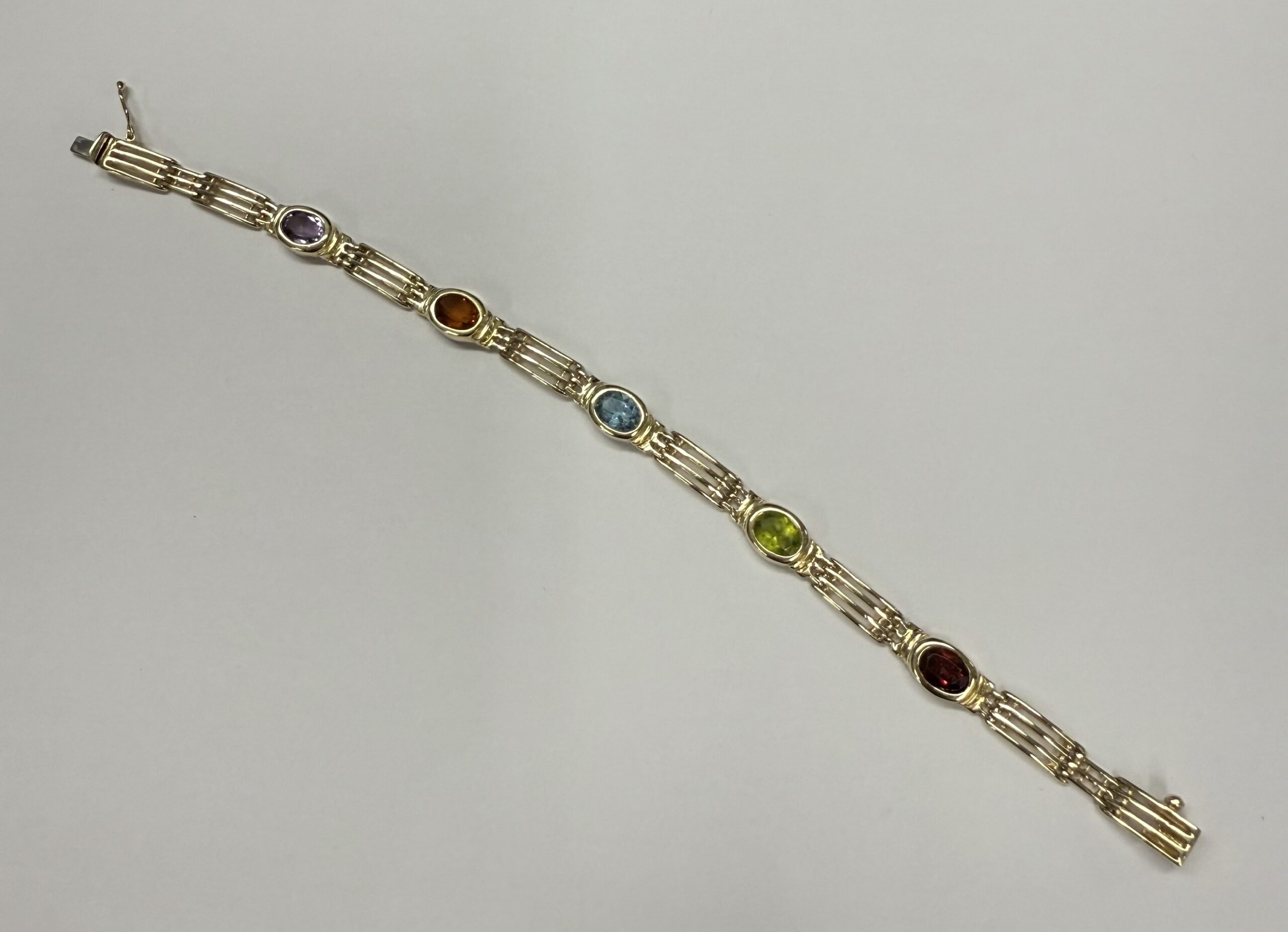 14k Yellow Gold Bezel Set Genuine Gemstone "Rainbow" Bracelet