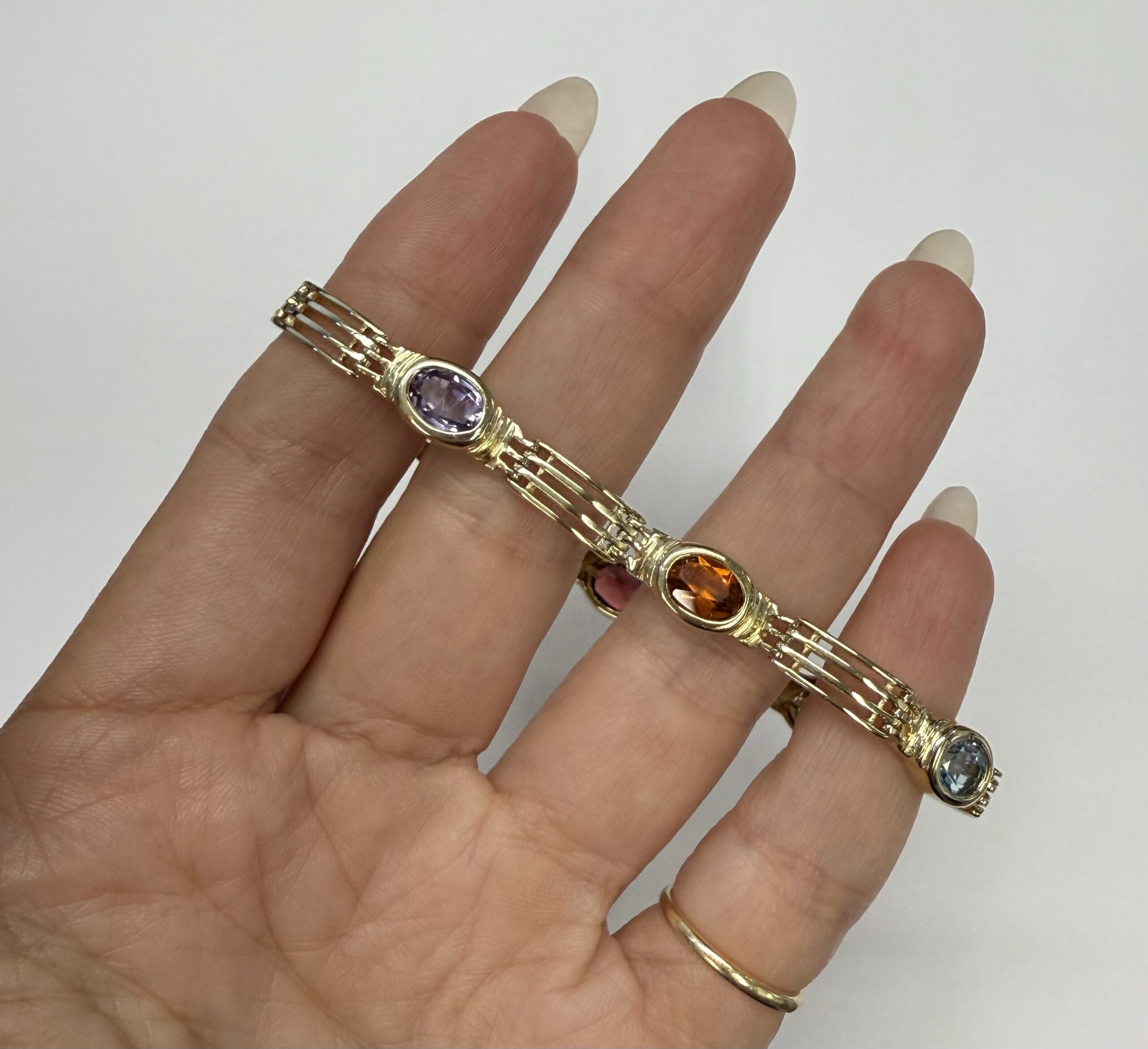 14k Yellow Gold Bezel Set Genuine Gemstone "Rainbow" Bracelet - Image 17