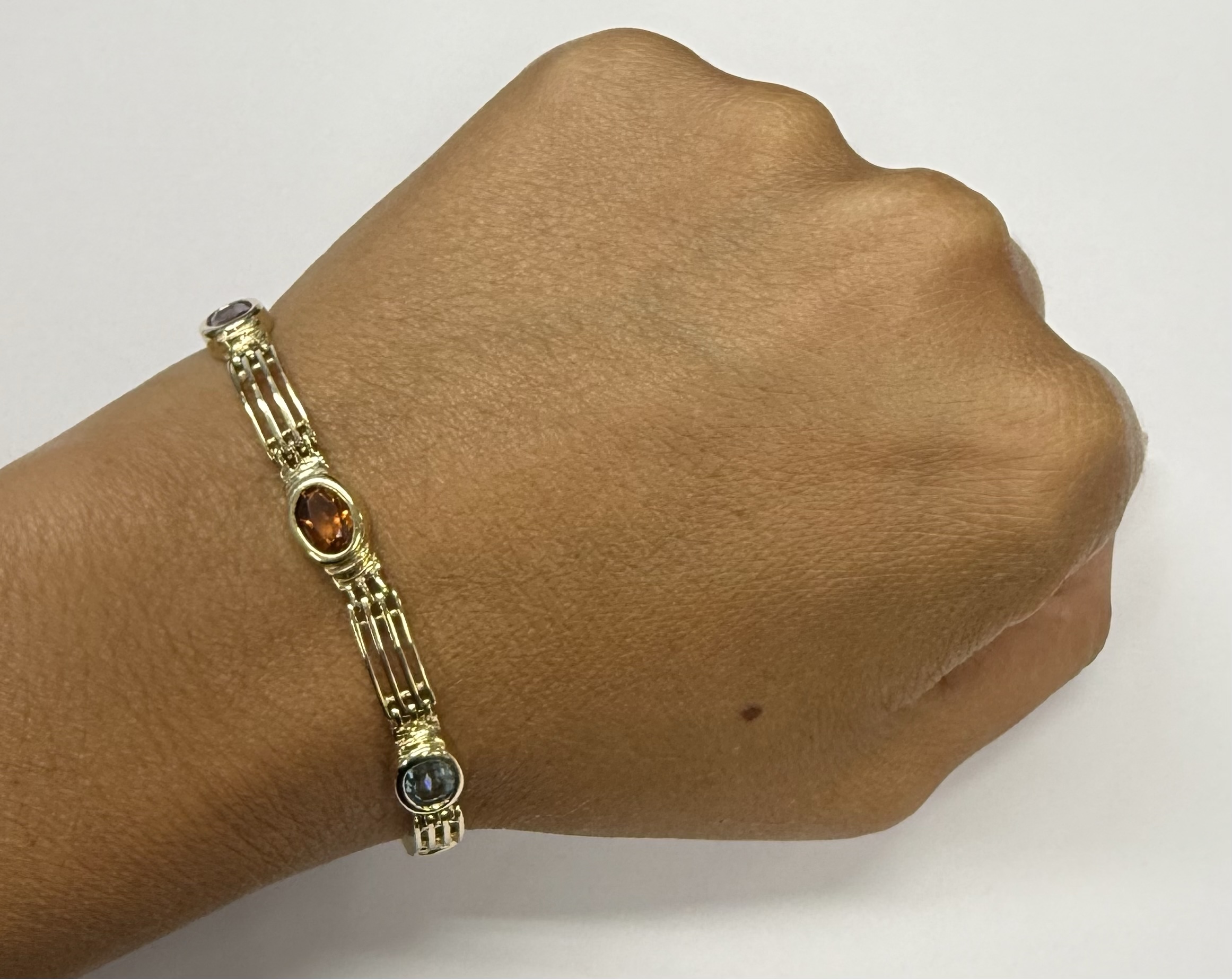 14k Yellow Gold Bezel Set Genuine Gemstone "Rainbow" Bracelet - Image 19