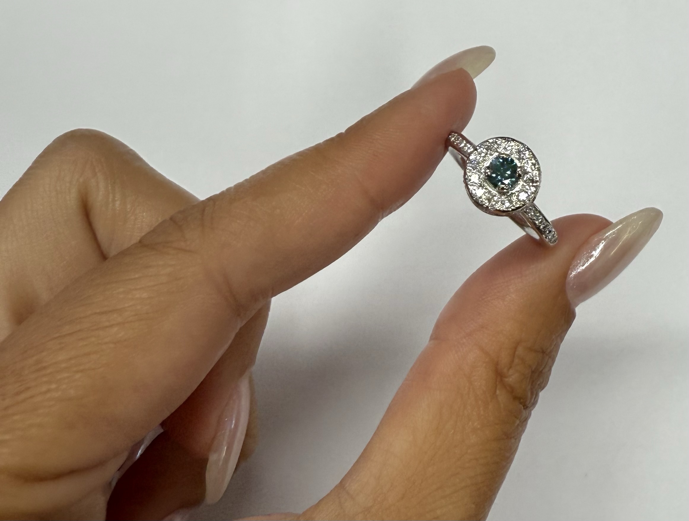 14k White Gold Genuine .24 Cttw Blue Diamond & .35 Cttw Round Brilliant Cut Diamond Halo Ring - Image 3