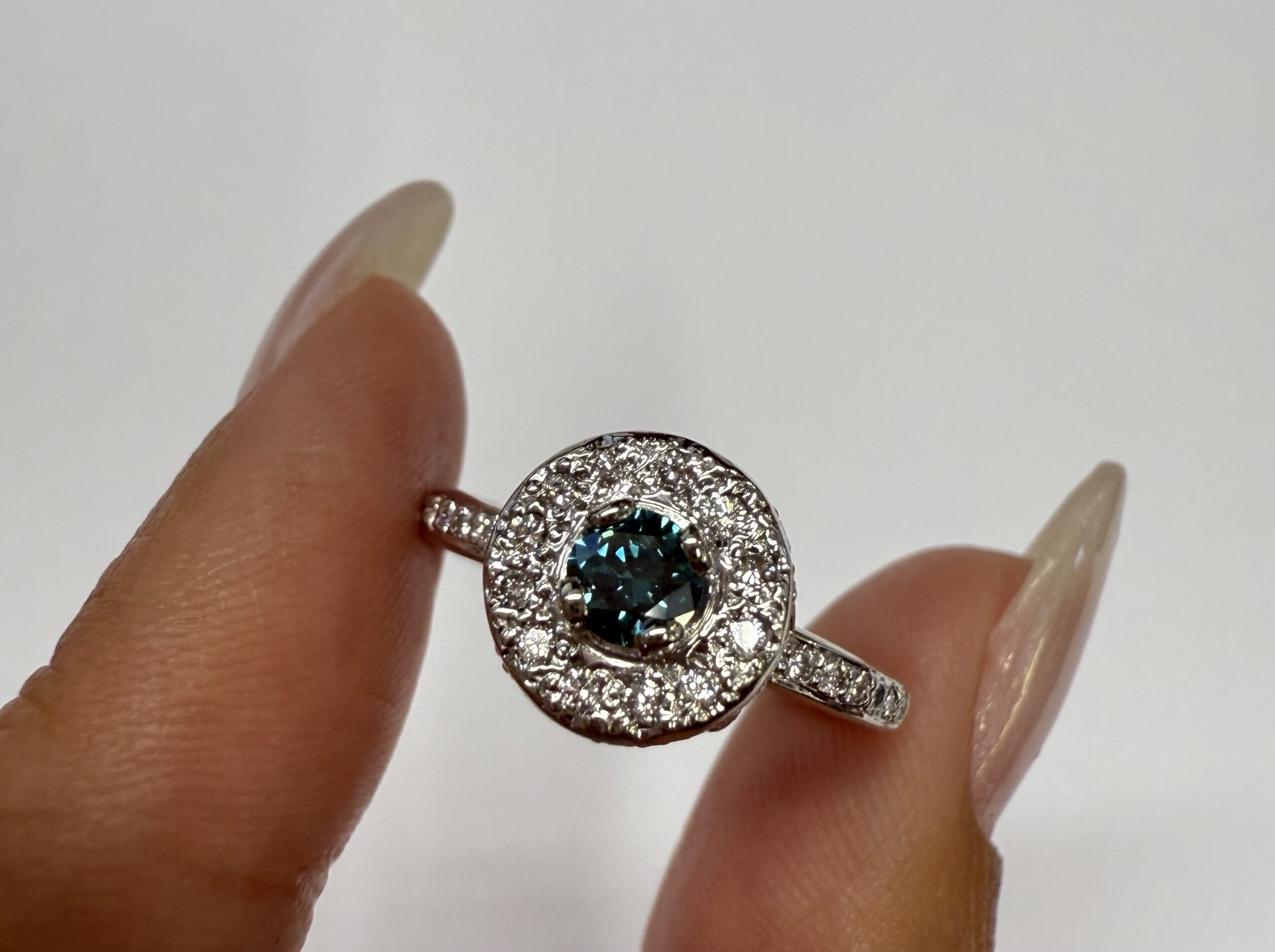 14k White Gold Genuine .24 Cttw Blue Diamond & .35 Cttw Round Brilliant Cut Diamond Halo Ring - Image 5