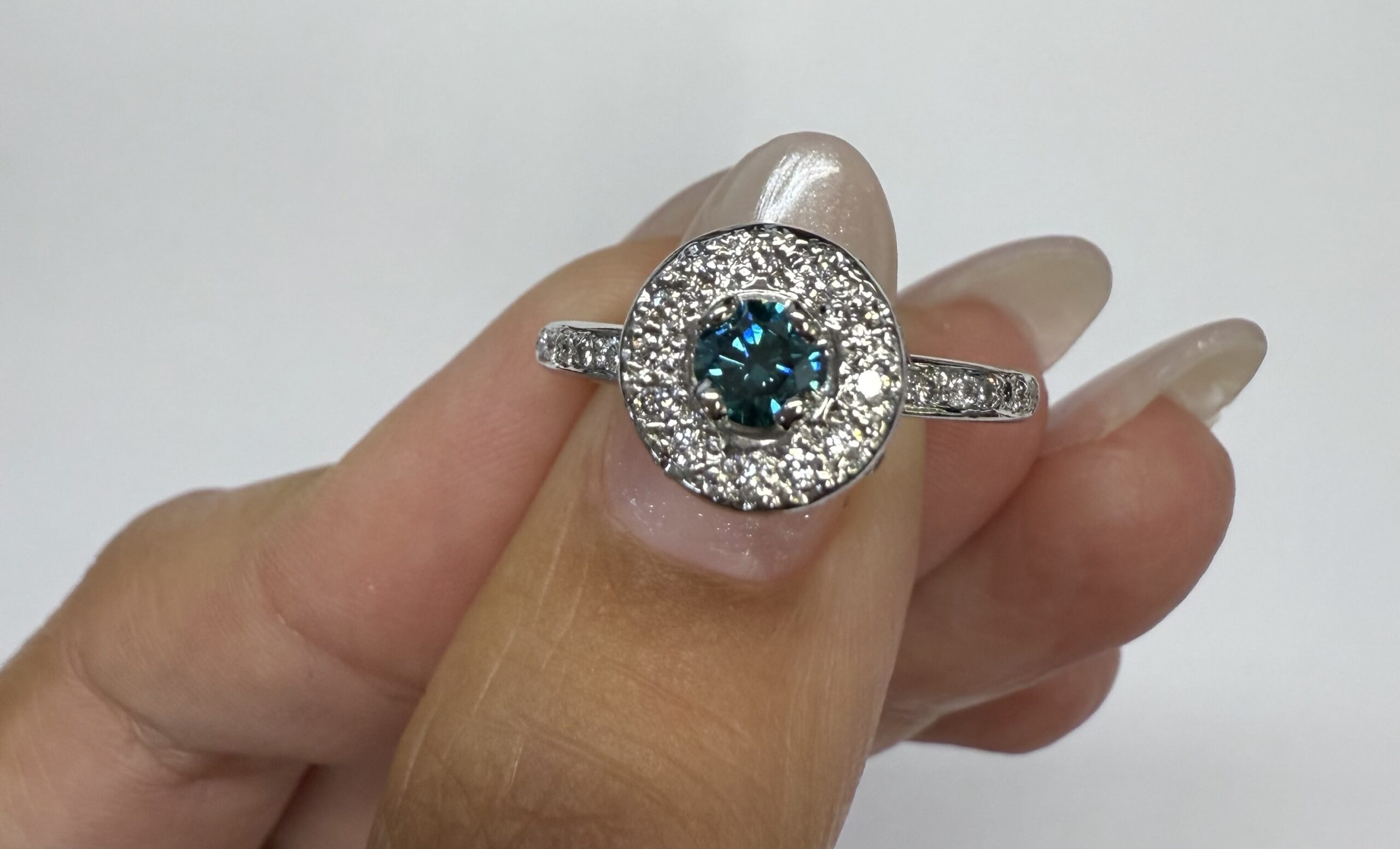 14k White Gold Genuine .24 Cttw Blue Diamond & .35 Cttw Round Brilliant Cut Diamond Halo Ring - Image 10