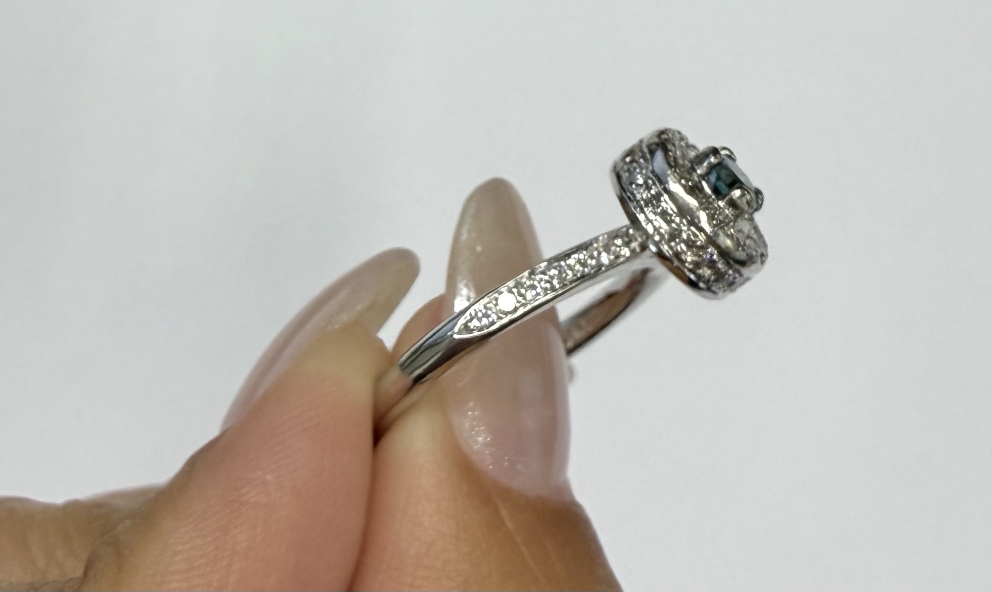 14k White Gold Genuine .24 Cttw Blue Diamond & .35 Cttw Round Brilliant Cut Diamond Halo Ring - Image 14