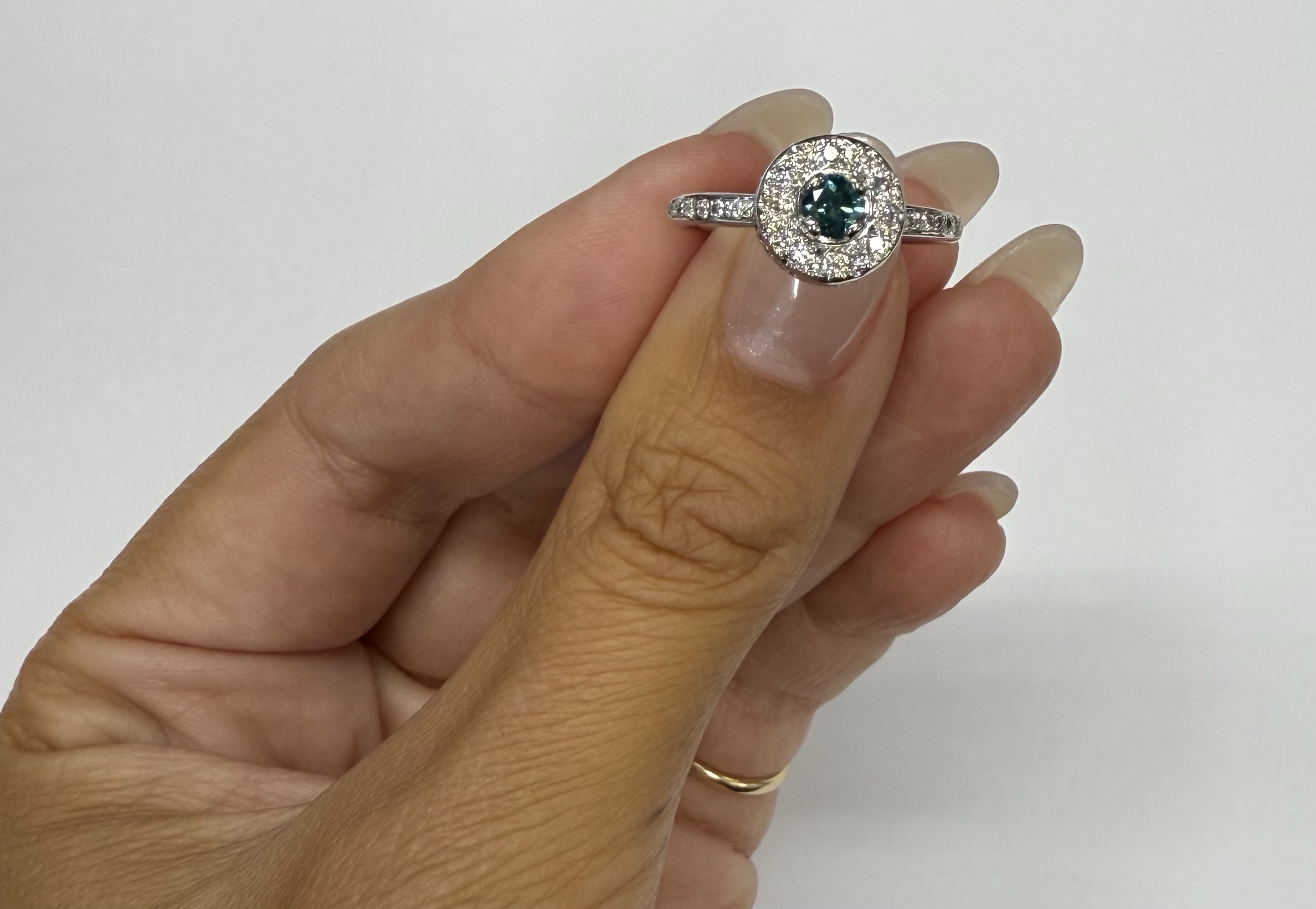 14k White Gold Genuine .24 Cttw Blue Diamond & .35 Cttw Round Brilliant Cut Diamond Halo Ring - Image 15