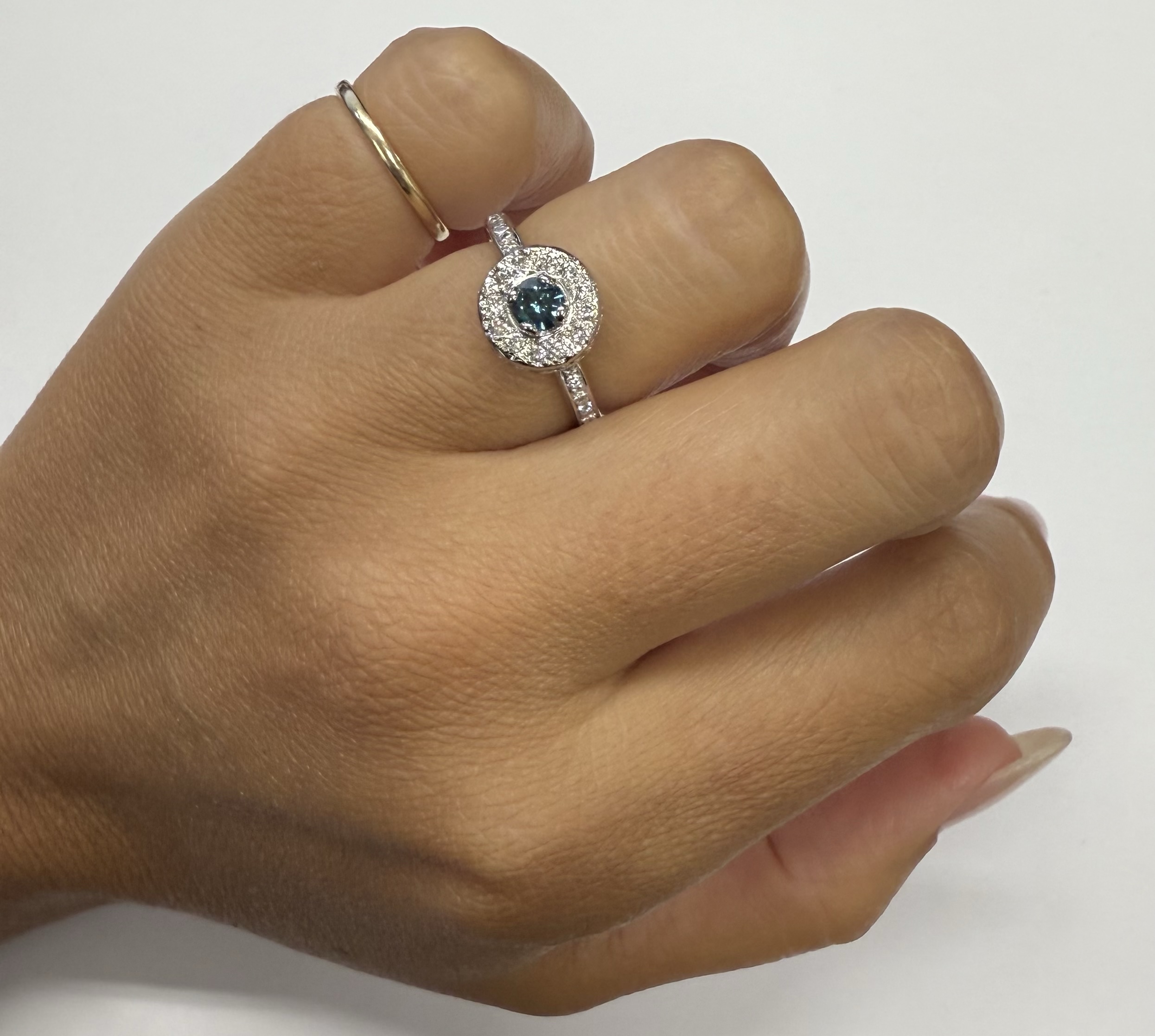 14k White Gold Genuine .24 Cttw Blue Diamond & .35 Cttw Round Brilliant Cut Diamond Halo Ring - Image 17