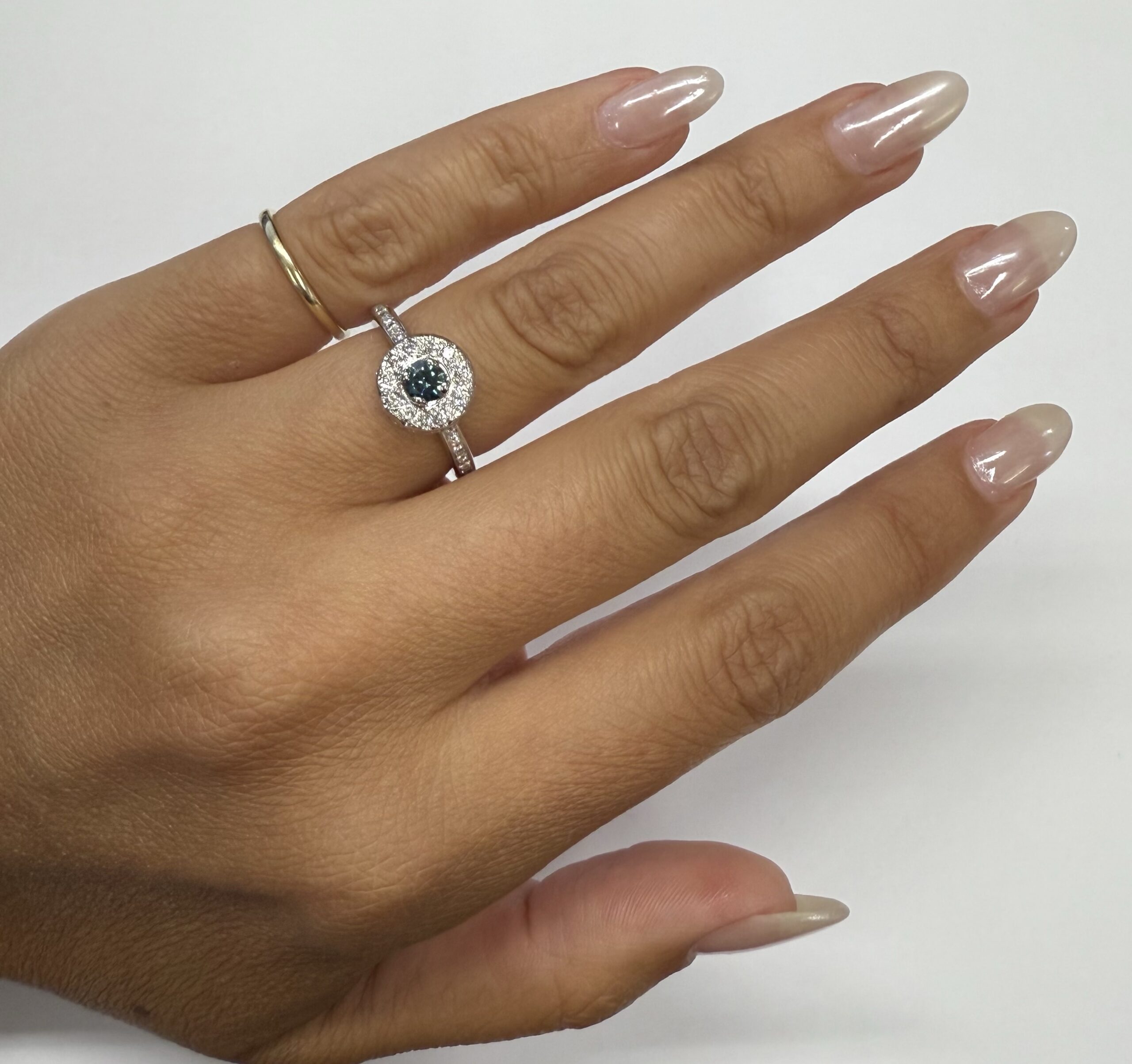 14k White Gold Genuine .24 Cttw Blue Diamond & .35 Cttw Round Brilliant Cut Diamond Halo Ring - Image 25