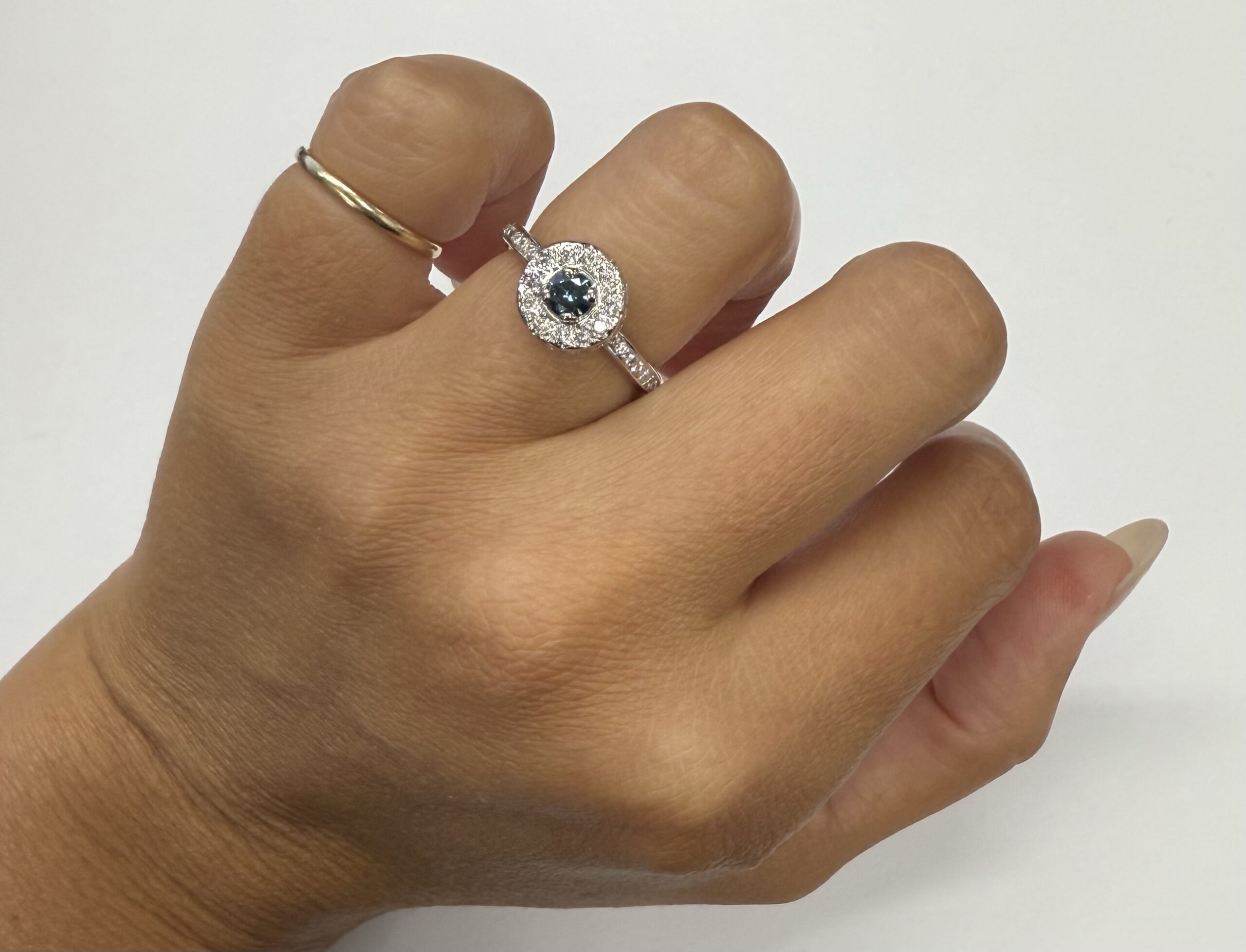 14k White Gold Genuine .24 Cttw Blue Diamond & .35 Cttw Round Brilliant Cut Diamond Halo Ring - Image 36