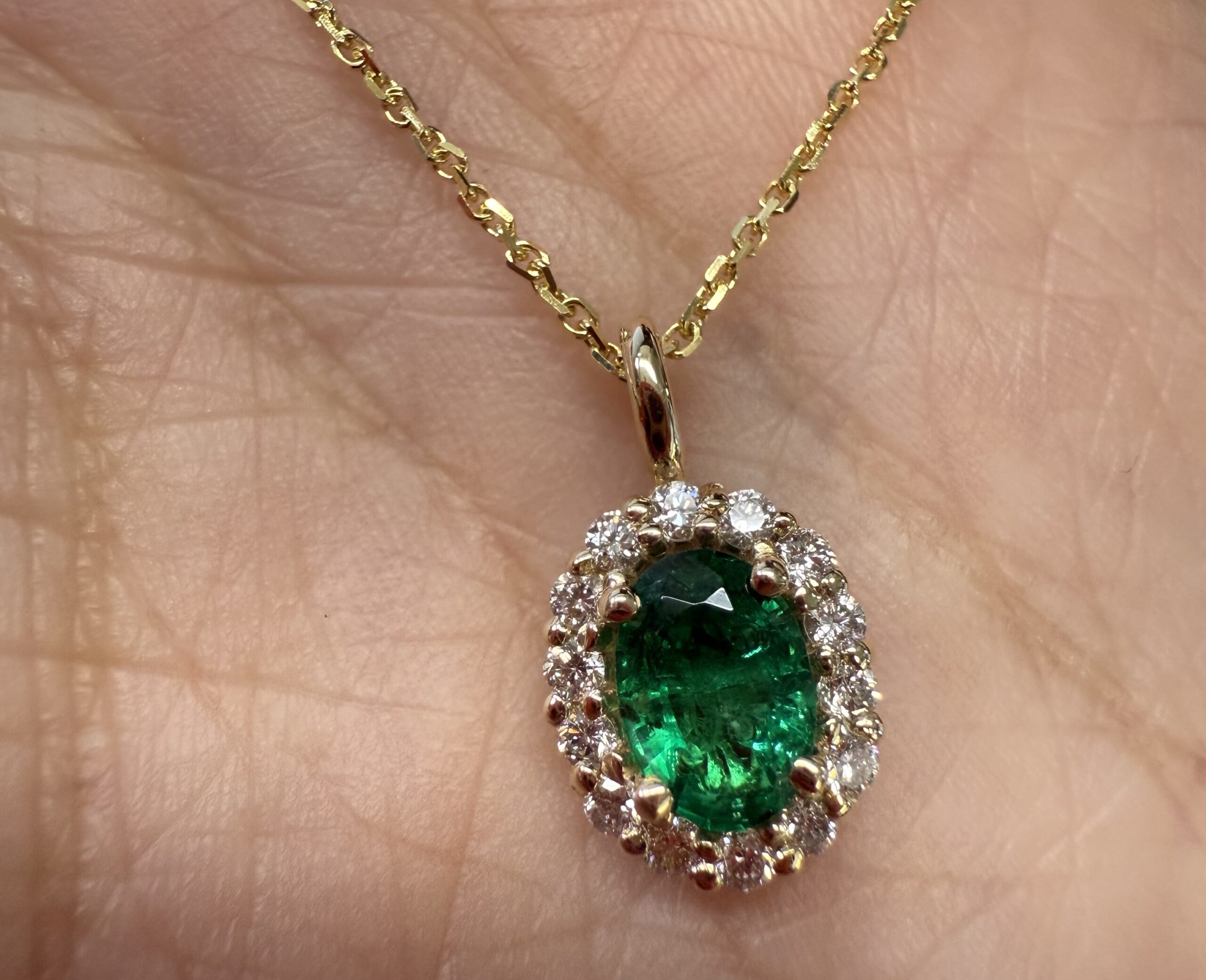 14k Yellow Gold Genuine .63 Cttw Emerald & .26 Cttw Diamond Halo Pendant - Image 19