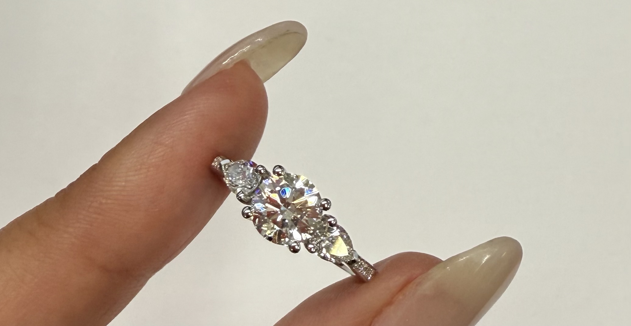 14k White Gold Genuine 1 Carat Lab Grown Round Brilliant Cut Diamond & .44 Cttw Lab Grown Pear Shape Diamond Ring - Image 3