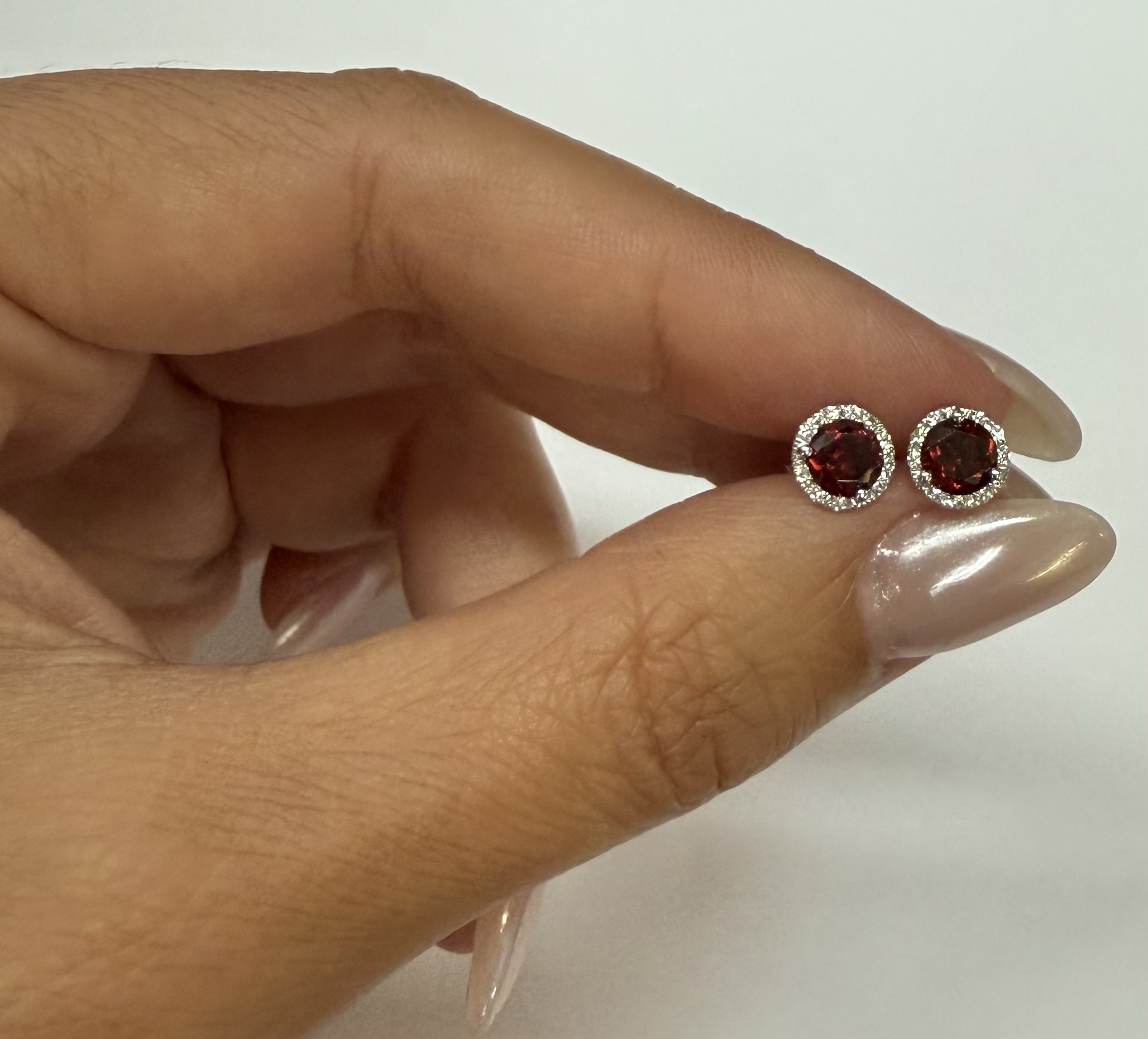 14k White Gold Genuine .60 Cttw Garnet & Diamond Halo Stud Earrings - Image 3