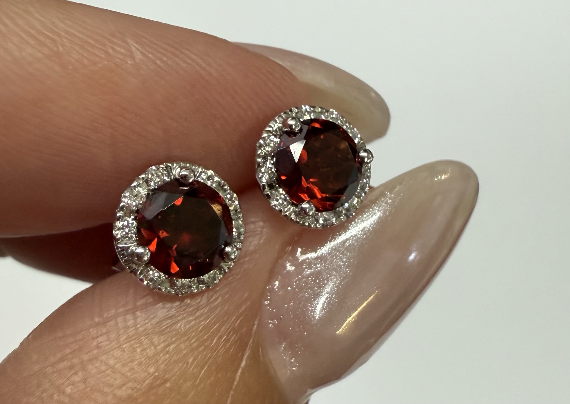 14k White Gold Genuine .60 Cttw Garnet & Diamond Halo Stud Earrings - Image 6