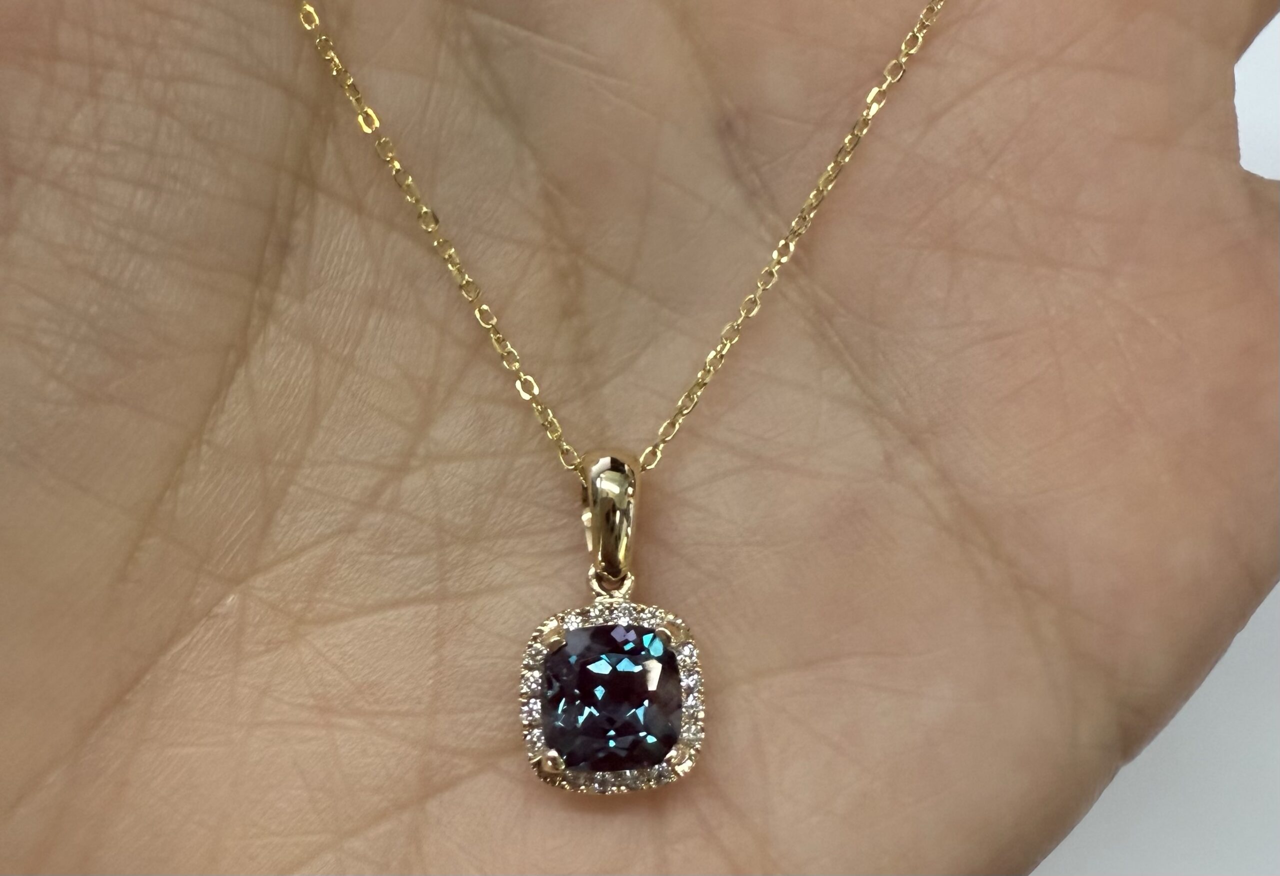 14k Yellow Gold Genuine Laboratory Grown 1.30 Cttw Alexandrite & Diamond Halo Pendant - Image 24