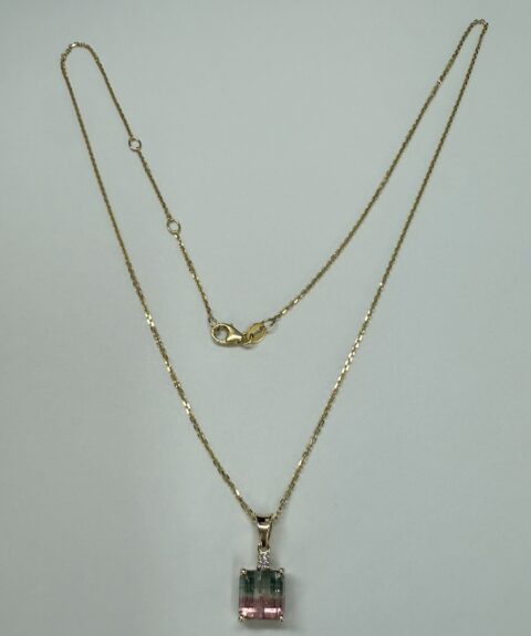 14k Yellow Gold Genuine 3.22 Cttw Watermelon Tourmaline & Genuine Diamond Pendant