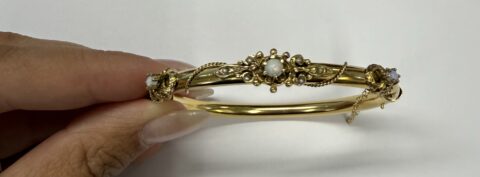 Antique 14k Yellow Gold Bangle Bracelet Set With Genuine Opals & Seed Pearls