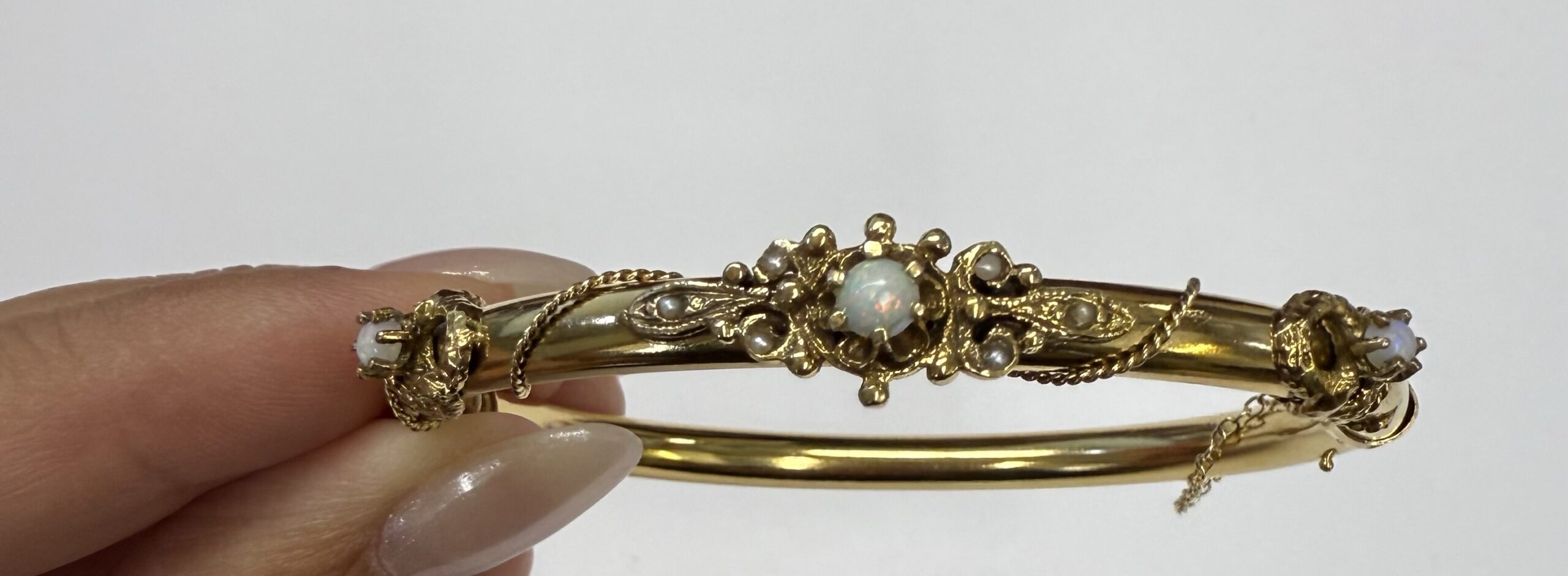Antique 14k Yellow Gold Bangle Bracelet Set With Genuine Opals & Seed Pearls - Image 8