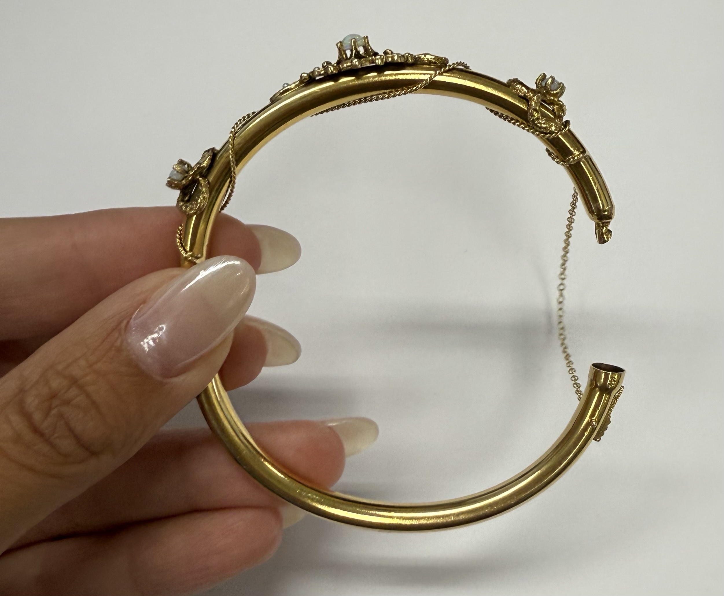 Antique 14k Yellow Gold Bangle Bracelet Set With Genuine Opals & Seed Pearls - Image 17