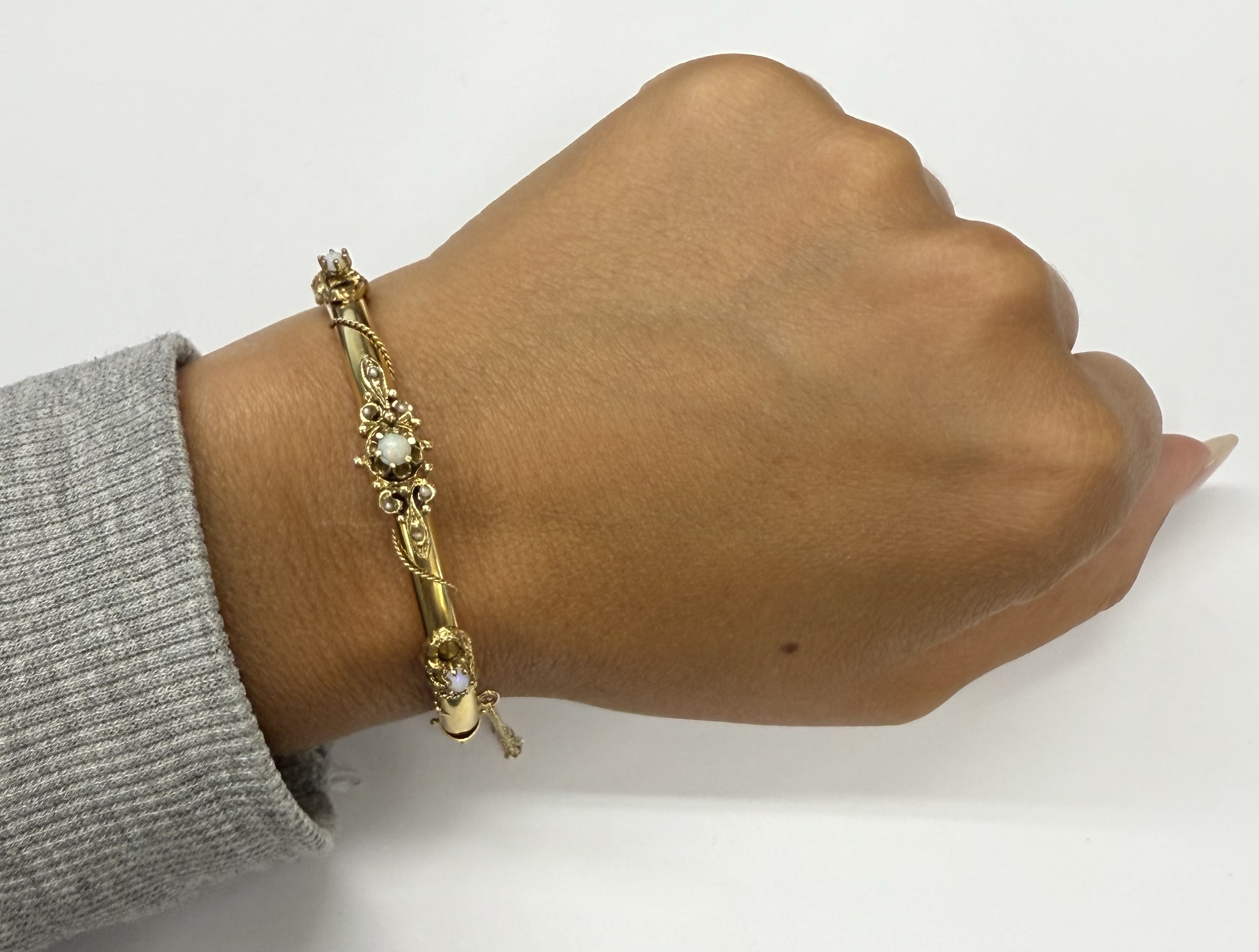 Antique 14k Yellow Gold Bangle Bracelet Set With Genuine Opals & Seed Pearls - Image 21