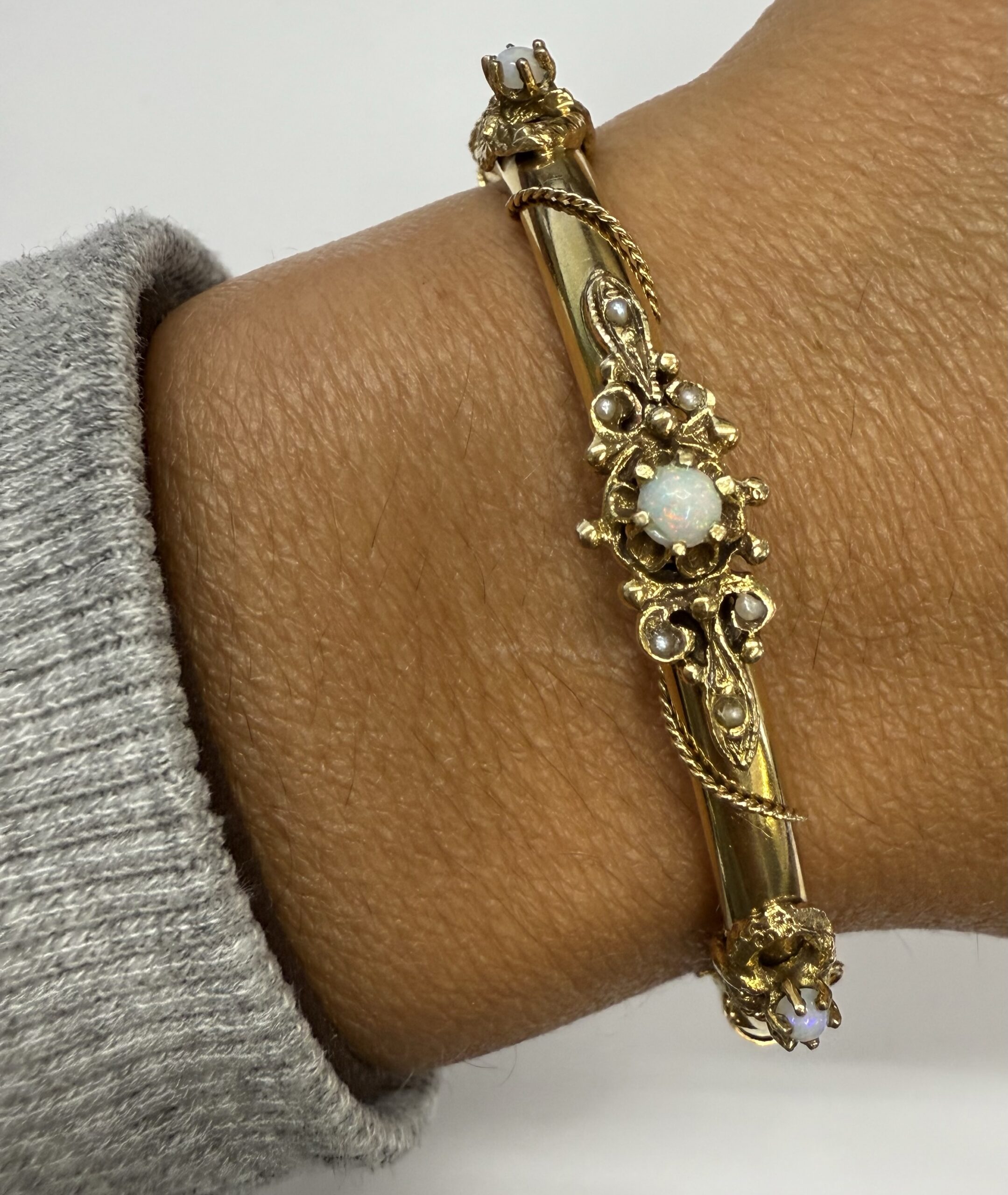 Antique 14k Yellow Gold Bangle Bracelet Set With Genuine Opals & Seed Pearls - Image 23